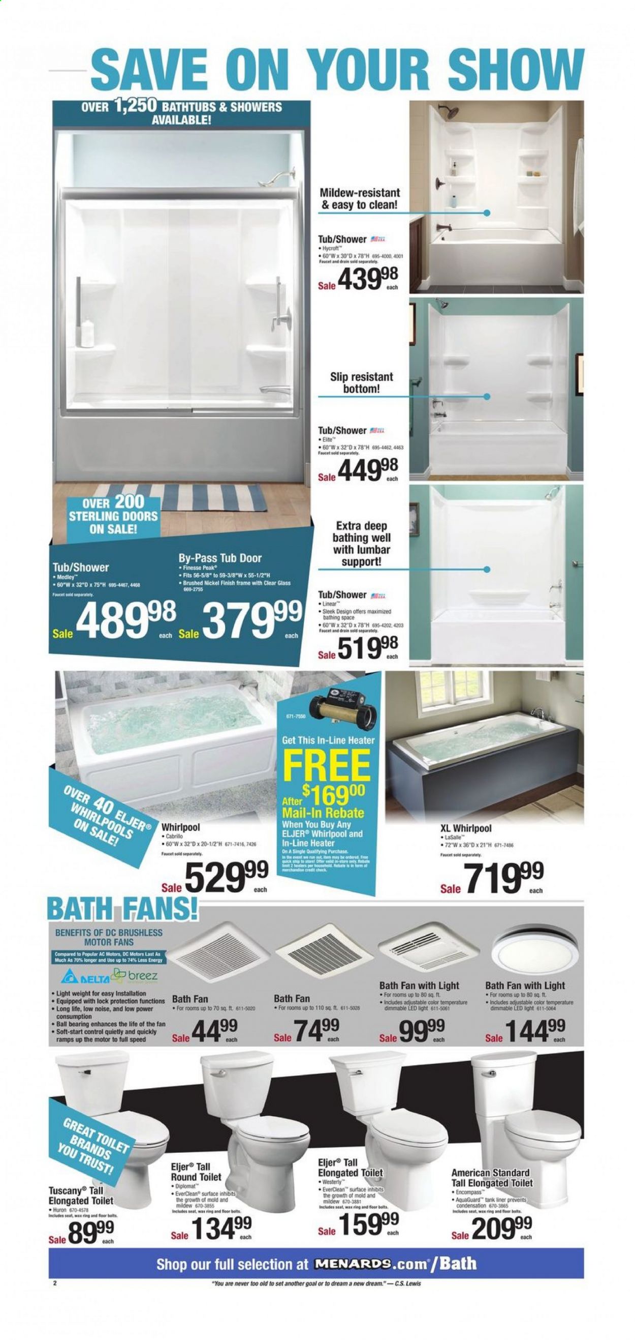 thumbnail - Menards Flyer - 01/17/2021 - 01/31/2021 - Sales products - toilet, faucet, Trust, tank, LED light, heater, door. Page 2.