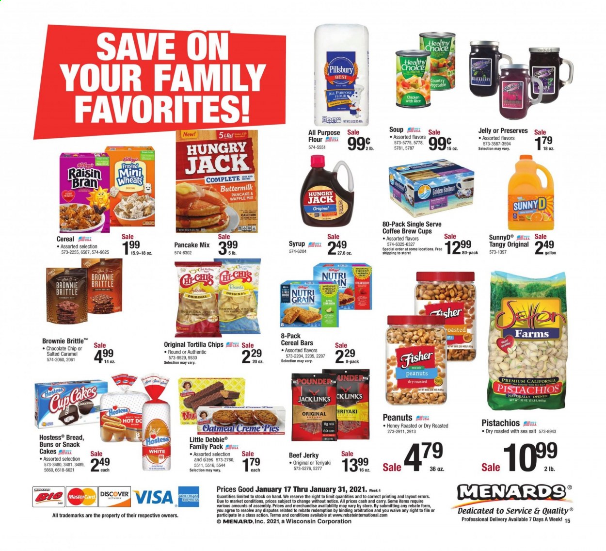 thumbnail - Menards Flyer - 01/17/2021 - 01/31/2021 - Sales products - soup, Pillsbury, Healthy Choice, jelly, cup, gallon, pancakes. Page 17.