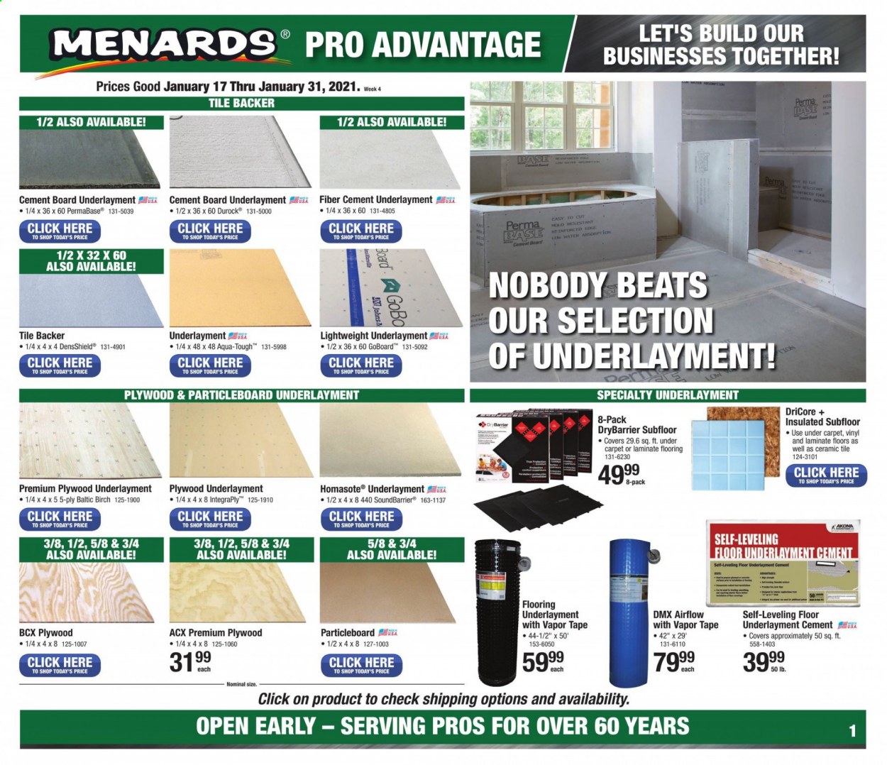 thumbnail - Menards Flyer - 01/17/2021 - 01/31/2021 - Sales products - flooring, laminate floor, vinyl, floor tile, carpet, plywood. Page 1.