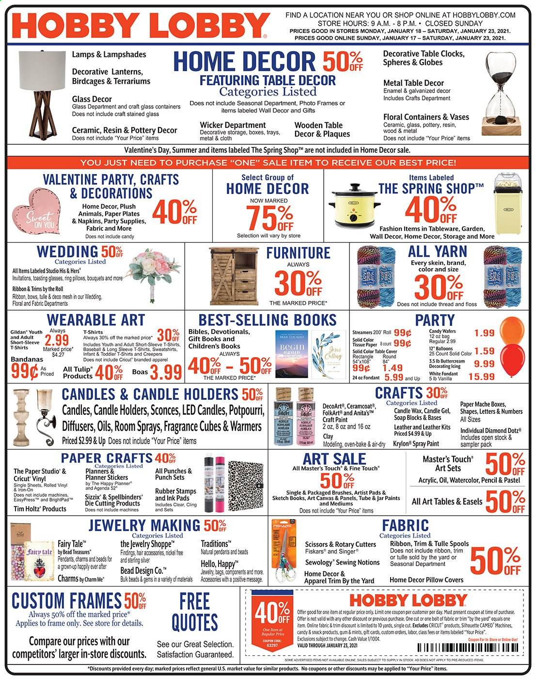 thumbnail - Hobby Lobby Flyer - 01/17/2021 - 01/23/2021 - Sales products - sticker, scissors, paper, pencil, canvas, balloons, ribbon, pillow cover, wall decor, vase. Page 1.