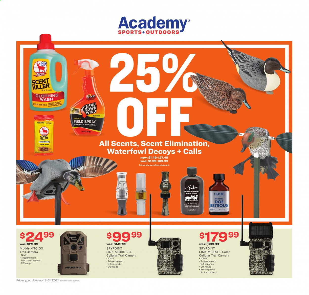 thumbnail - Academy Sports + Outdoors Flyer - 01/18/2021 - 01/31/2021 - Sales products - scent killer, trail cam. Page 1.