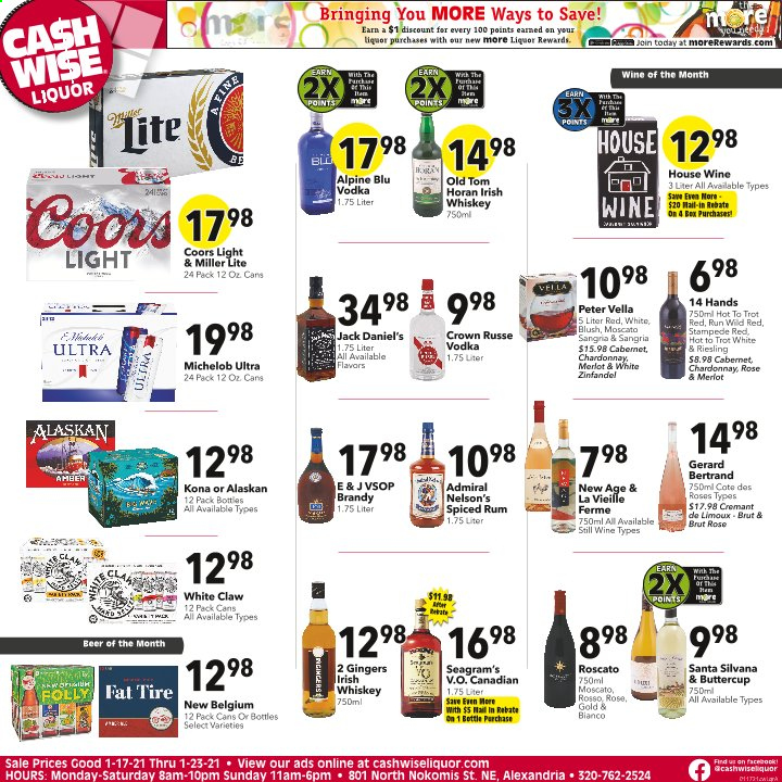 thumbnail - Cash Wise Liquor Only Flyer - 01/17/2021 - 01/23/2021 - Sales products - Miller Lite, Coors, Michelob, Jack Daniel's, Santa, Moscato, Cabernet Sauvignon, Riesling, Chardonnay, wine, Merlot, brandy, rum, spiced rum, vodka, whiskey, irish whiskey, liquor, White Claw, whisky, beer. Page 1.