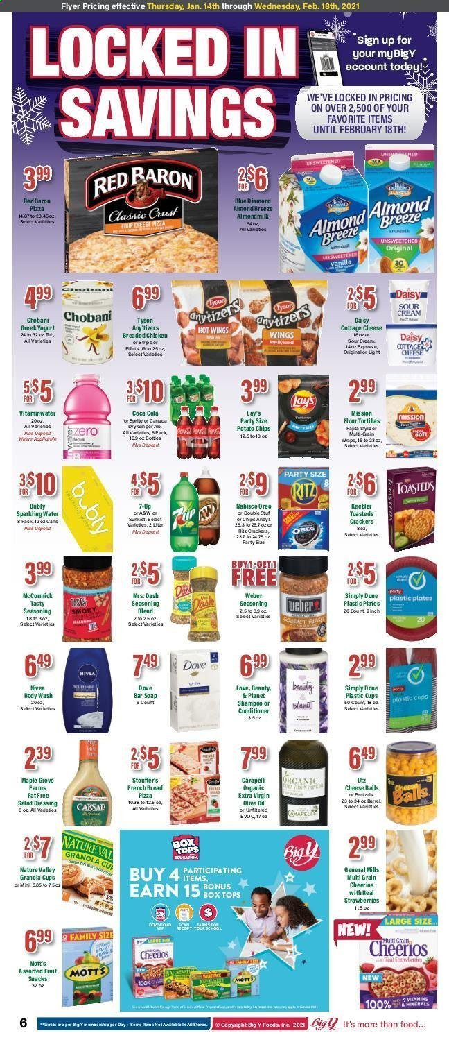 thumbnail - Big Y Flyer - 01/14/2021 - 02/18/2021 - Sales products - bread, tortillas, ginger, pizza, fajita, cottage cheese, cheese, greek yoghurt, Oreo, yoghurt, Chobani, Almond Breeze, almond milk, sour cream, strawberries, strips, Stouffer's, Red Baron, crackers, Chips Ahoy!, Keebler, potato chips, chips, snack, Lay’s, granola, Cheerios, Nature Valley, salad dressing, dressing, extra virgin olive oil, olive oil, Blue Diamond, Canada Dry, Coca-Cola, Sprite, 7UP, A&W, Mott's, sparkling water. Page 1.
