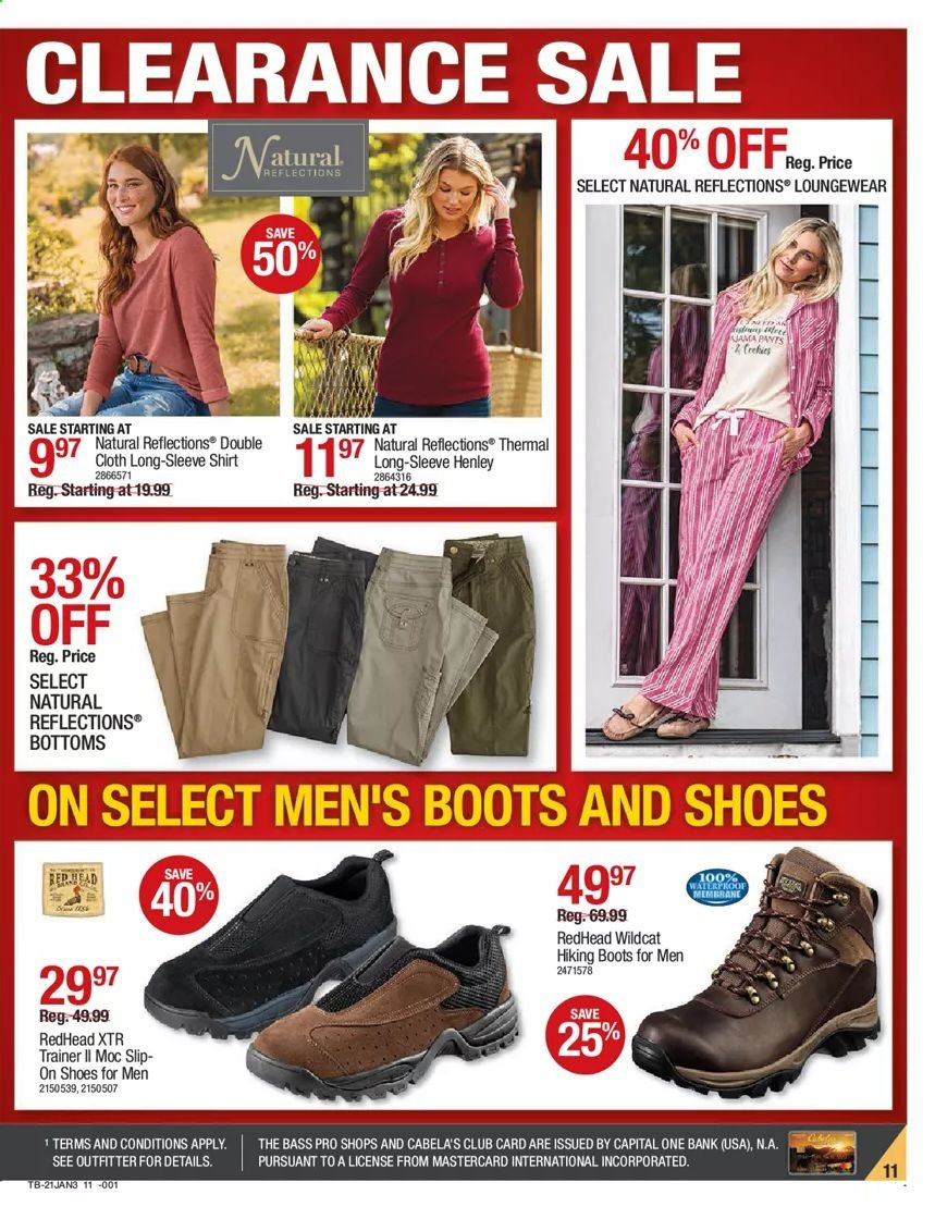 thumbnail - Cabela's Flyer - 01/21/2021 - 02/10/2021 - Sales products - boots, shoes, loungewear, pants, long-sleeve shirt, shirt, Bass Pro. Page 11.