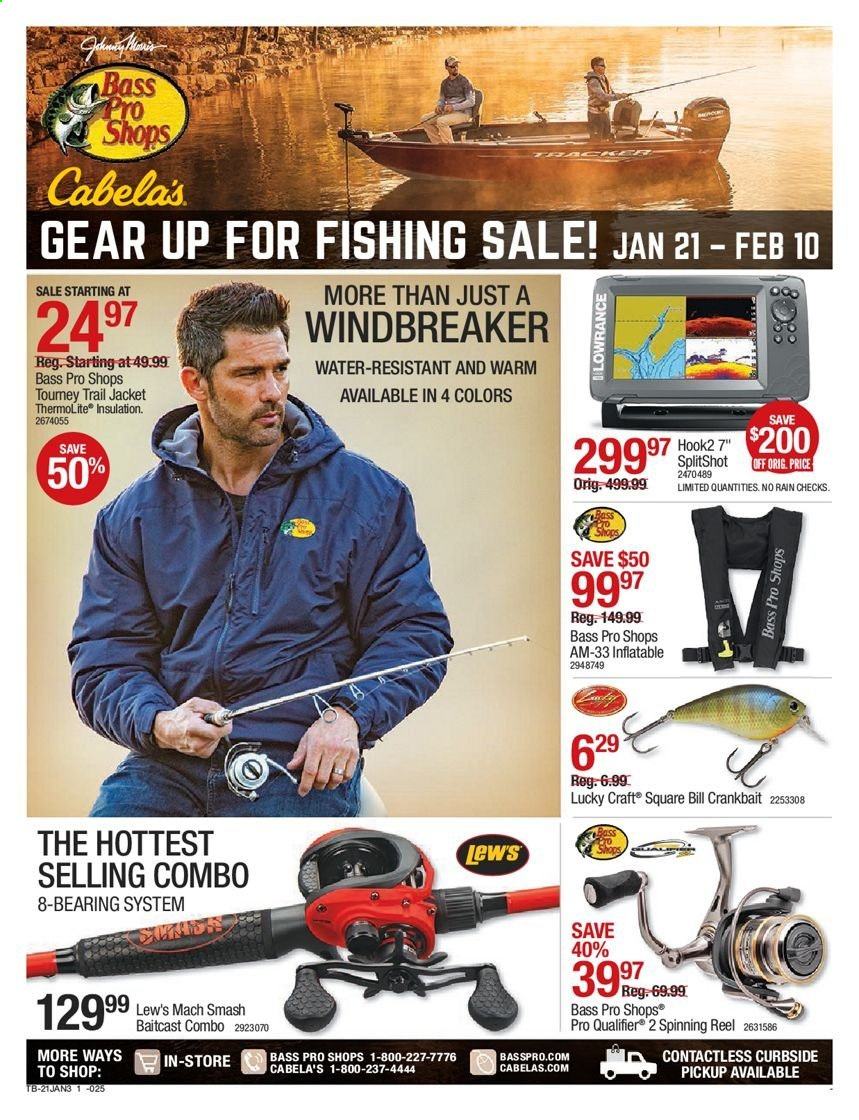 thumbnail - Bass Pro Shops Flyer - 01/21/2021 - 02/10/2021 - Sales products - jacket, windbreaker jacket, baitcast combo, Bass Pro, reel, spinning reel. Page 1.