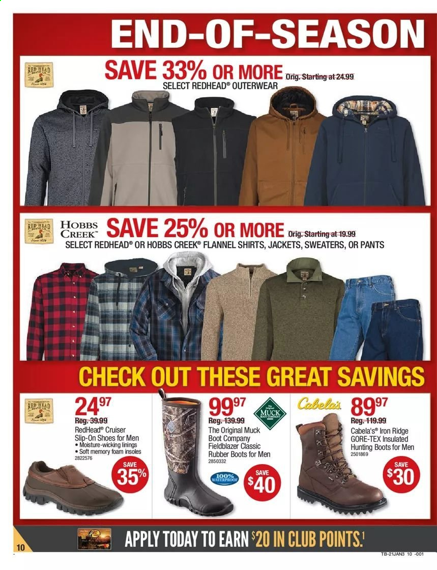 thumbnail - Bass Pro Shops Flyer - 01/21/2021 - 02/10/2021 - Sales products - boots, shoes, slip-on shoes, hunting boots, jacket, pants, shirt, rubber boots. Page 10.
