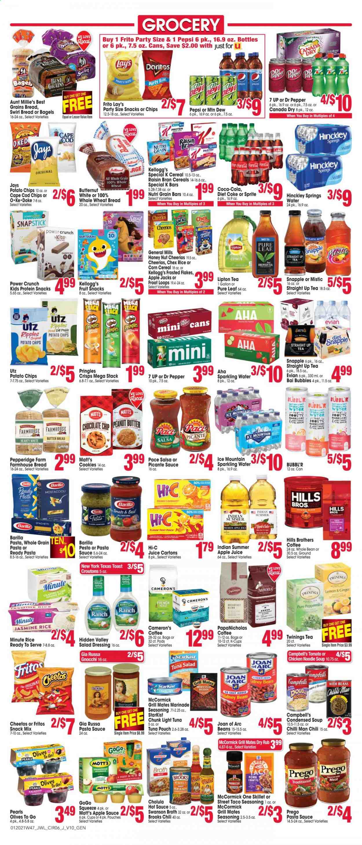 thumbnail - Jewel Osco Flyer - 01/20/2021 - 01/26/2021 - Sales products - wheat bread, toast bread, bagels, oranges, cod, tuna, StarKist, Campbell's, gnocchi, condensed soup, soup, sauce, Barilla, tuna salad, sour cream, salsa, corn, cookies, Kellogg's, fruit snack, croutons, Doritos, potato chips, Pringles, Cheetos, chips, Lay’s, cane sugar, chicken broth, broth, kidney beans, olives, light tuna, cereals, Fritos, Cheerios, Frosted Flakes, Raisin Bran, Nutri-Grain, spaghetti, jasmine rice, noodles, penne, cilantro, marinade, salad dressing, hot sauce, pesto, pasta sauce, dressing, apple sauce, peanuts, apple juice, Canada Dry, Coca-Cola, Mountain Dew, Sprite, Pepsi, juice, Lipton, Dr. Pepper, Hi-c, Diet Coke, 7UP, Snapple, Bai, Mott's, sparkling water, Ice Mountain, tea, Twinings, Pure Leaf, coffee, coffee capsules, K-Cups, bourbon, BROTHERS, bourbon whiskey, Hill's, vitamin c. Page 6.