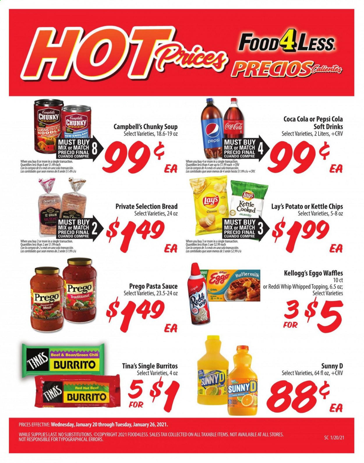 thumbnail - Food 4 Less Flyer - 01/20/2021 - 01/26/2021 - Sales products - bread, waffles, Campbell's, soup, sauce, burrito, buttermilk, beans, Kellogg's, chips, Lay’s, topping, jalapeño, noodles, pasta sauce, Coca-Cola, Pepsi, soft drink, book. Page 2.