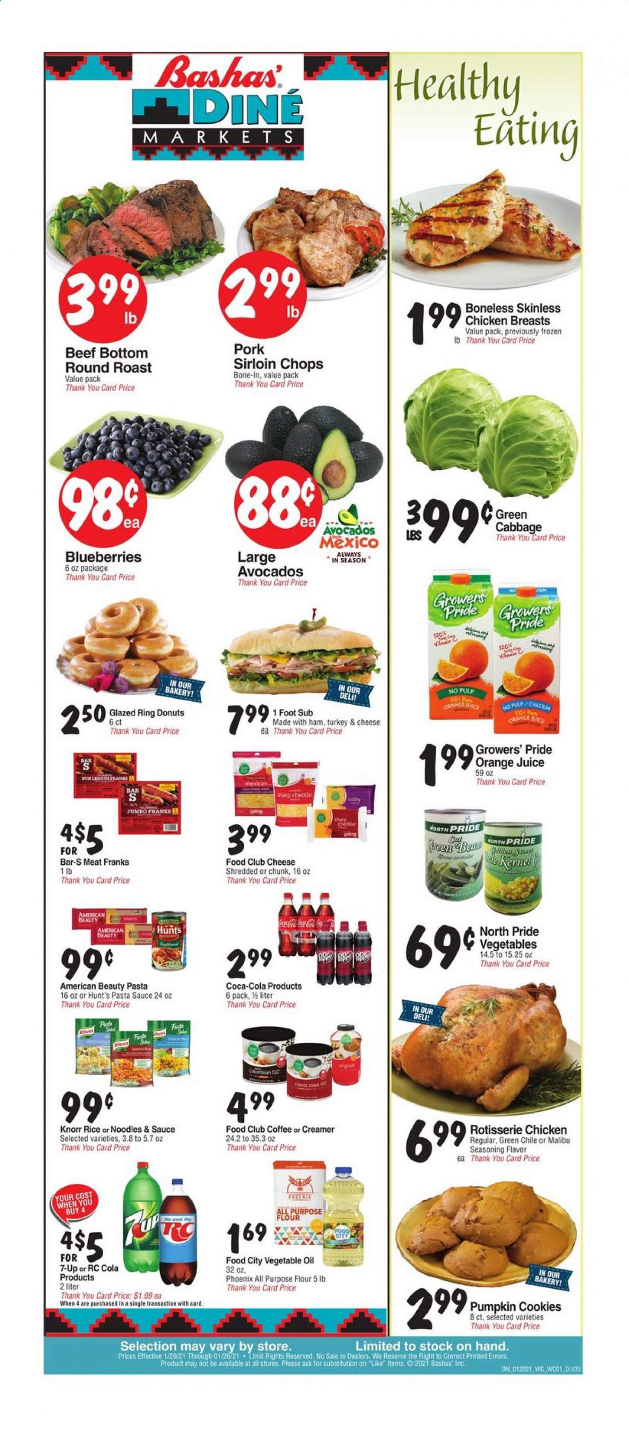 thumbnail - Bashas' Diné Markets Flyer - 01/20/2021 - 01/26/2021 - Sales products - blueberries, donut, Knorr, ham, Colby cheese, cheddar, creamer, beans, cookies, all purpose flour, flour, noodles, pasta sauce, vegetable oil, Coca-Cola, orange juice, juice, 7UP, coffee, Malibu, chicken breasts, beef meat, round roast, avocado. Page 1.