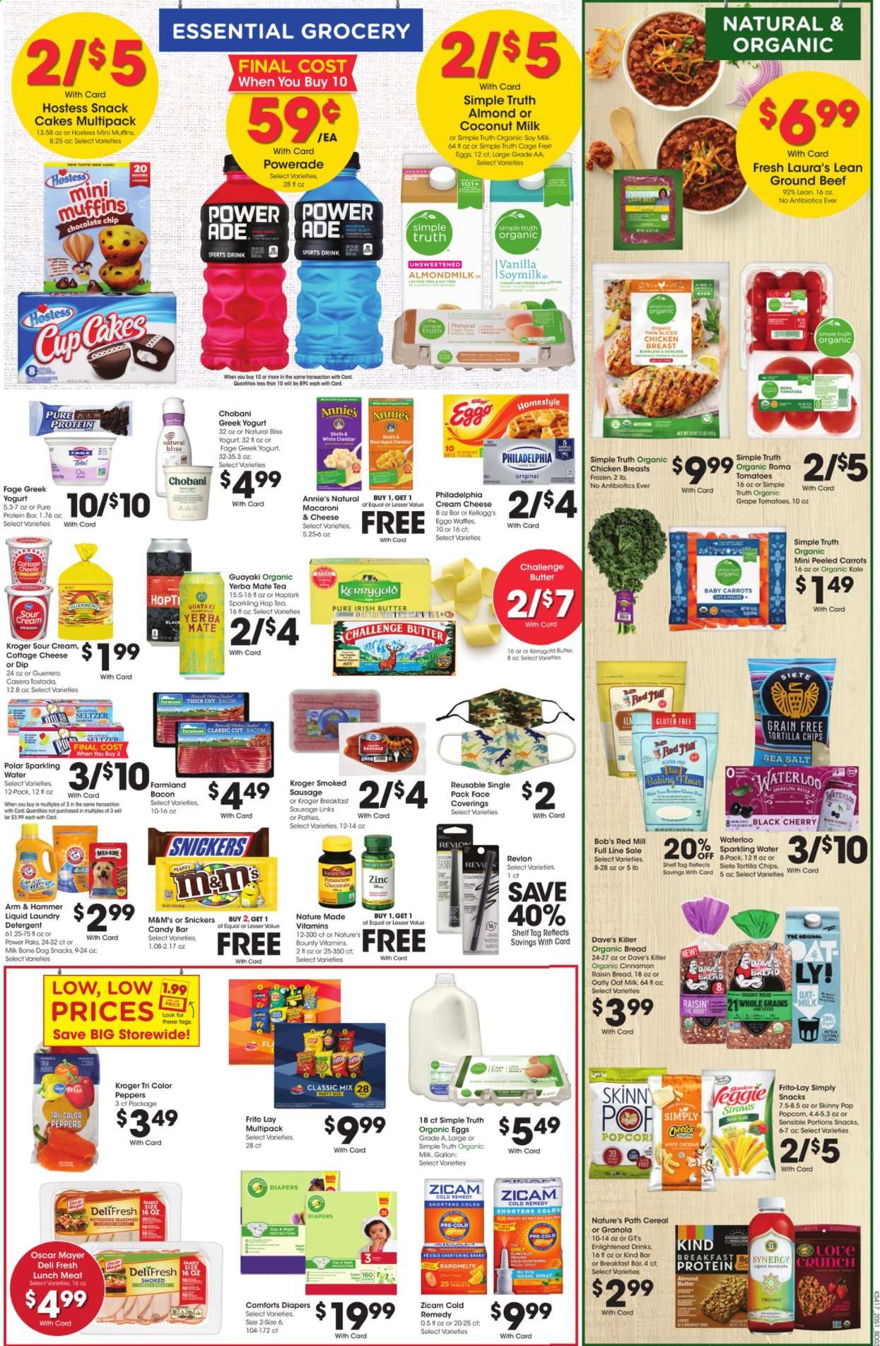thumbnail - City Market Flyer - 01/20/2021 - 01/26/2021 - Sales products - bread, cake, muffin, cream cheese, macaroni & cheese, Annie's, bacon, Oscar Mayer, sausage, smoked sausage, lunch meat, cottage cheese, Philadelphia, cheddar, greek yoghurt, yoghurt, Chobani, almond milk, soy milk, organic milk, oat milk, eggs, butter, sour cream, dip, Enlightened lce Cream, carrots, Snickers, Bounty, M&M's, Kellogg's, tortilla chips, snack, Frito-Lay, Skinny Pop, ARM & HAMMER, flour, oats, sea salt, coconut milk, cereals, granola, protein bar, raisins, Powerade, seltzer water, sparkling water, tea, chicken breasts, beef meat, ground beef, detergent, laundry detergent, Revlon, Nature Made, Nature's Bounty, zinc. Page 5.