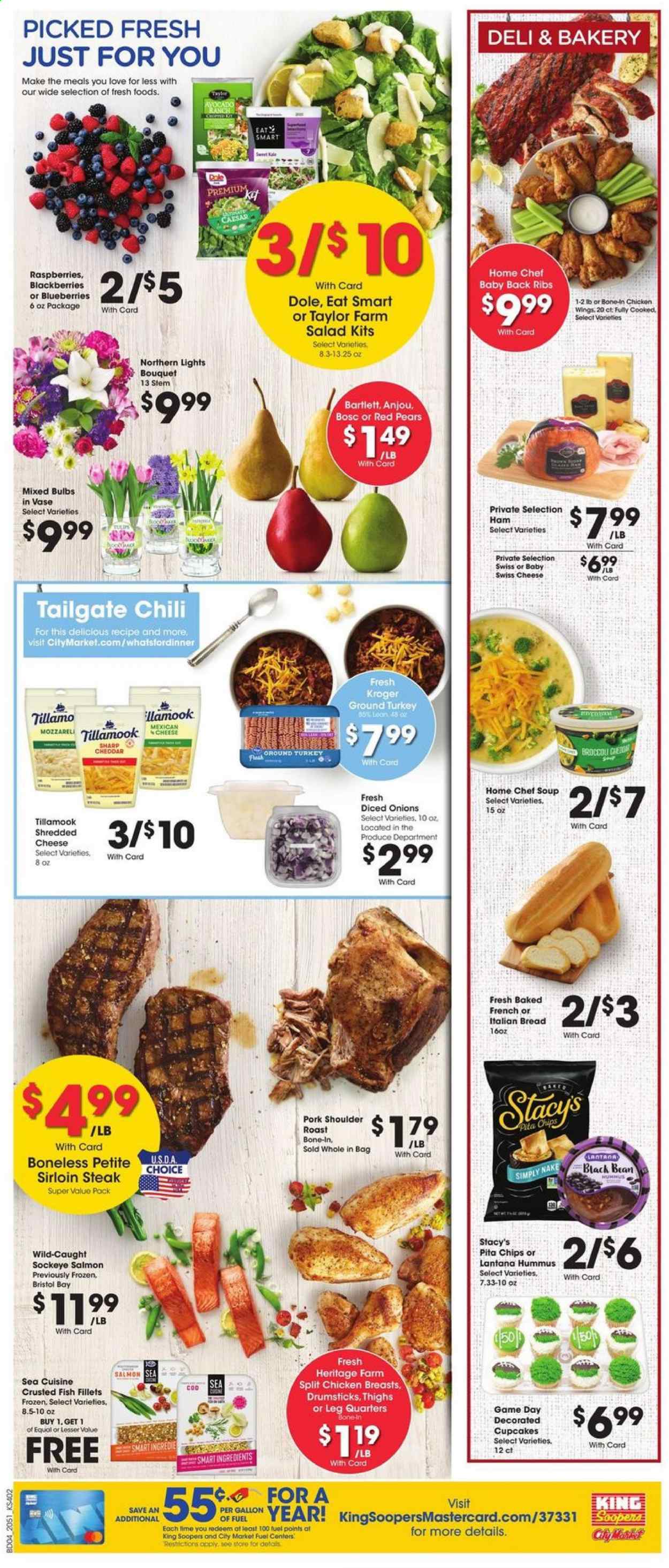 thumbnail - City Market Flyer - 01/20/2021 - 01/26/2021 - Sales products - blackberries, blueberries, raspberries, Dole, bread, cupcake, pears, cod, fish fillets, salmon, fish, soup, salad, ham, hummus, swiss cheese, cheddar, cheese, beans, ground turkey, chicken breasts, beef sirloin, steak, sirloin steak, pork meat, pork roast, pork shoulder, pork back ribs, Sharp, bulb, tulip, bouquet. Page 6.