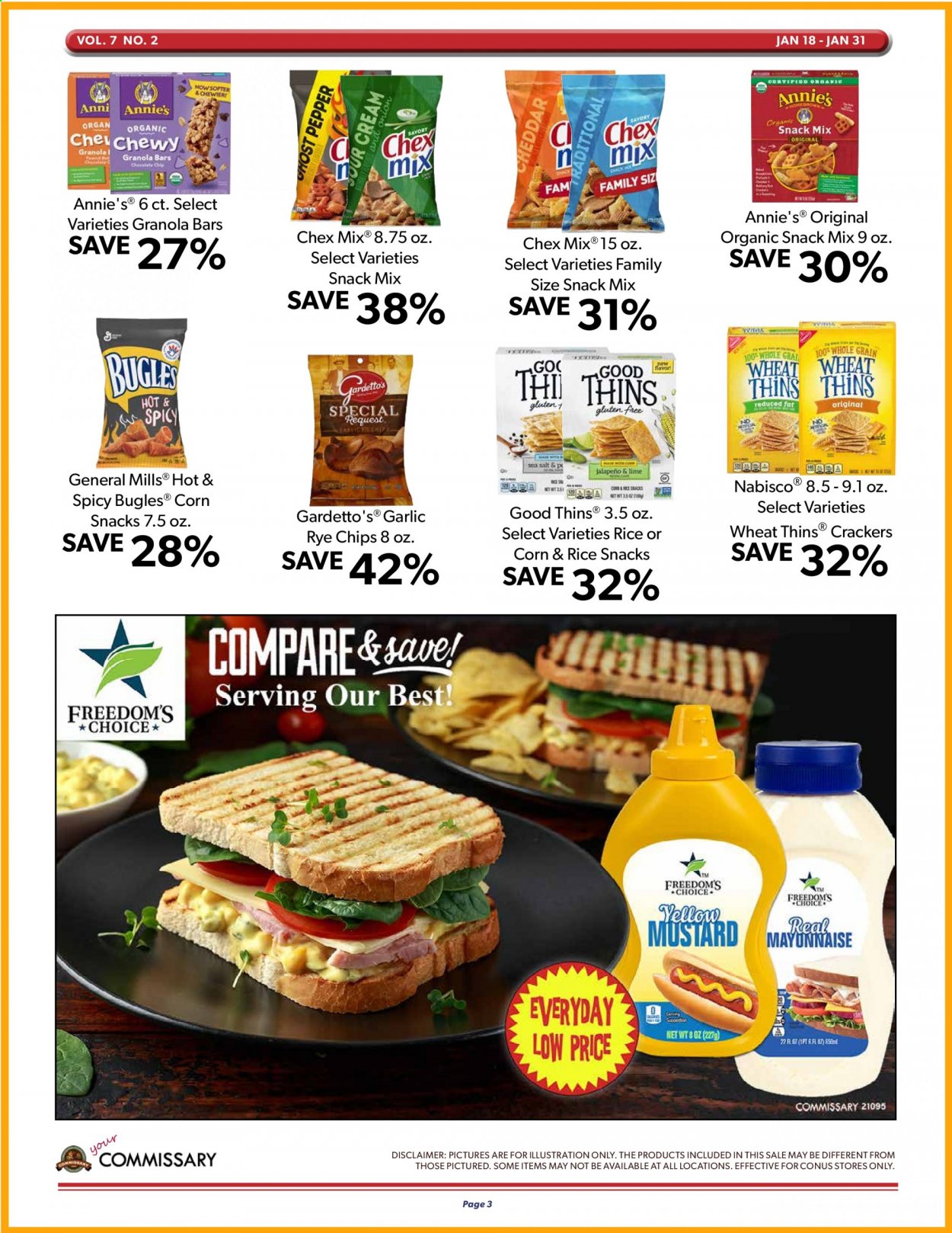 thumbnail - Commissary Flyer - 01/18/2021 - 01/31/2021 - Sales products - Annie's, cheddar, mayonnaise, corn, crackers, Thins, snack, Chex Mix, chips, sea salt, jalapeño, garlic, granola bar, mustard. Page 3.