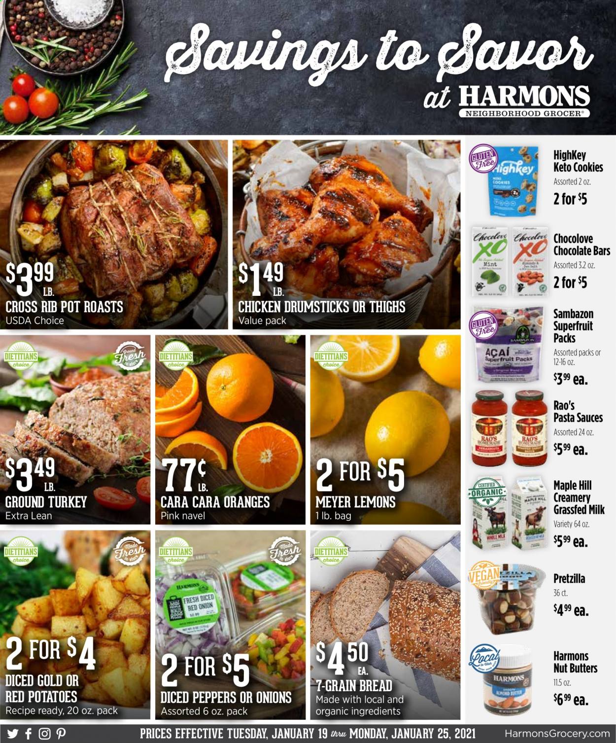thumbnail - Harmons Flyer - 01/19/2021 - 01/25/2021 - Sales products - bread, oranges, milk, cookies, chocolate, pasta, ground turkey, chicken drumsticks, pot. Page 1.