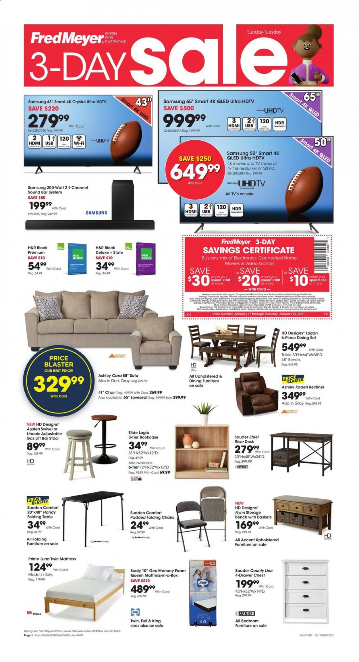 thumbnail - Fred Meyer Flyer - 01/17/2021 - 01/19/2021 - Sales products - alcohol, basket, book, Samsung, UHD TV, HDTV, TV, sound bar, soundbar system, recliner chair. Page 1.