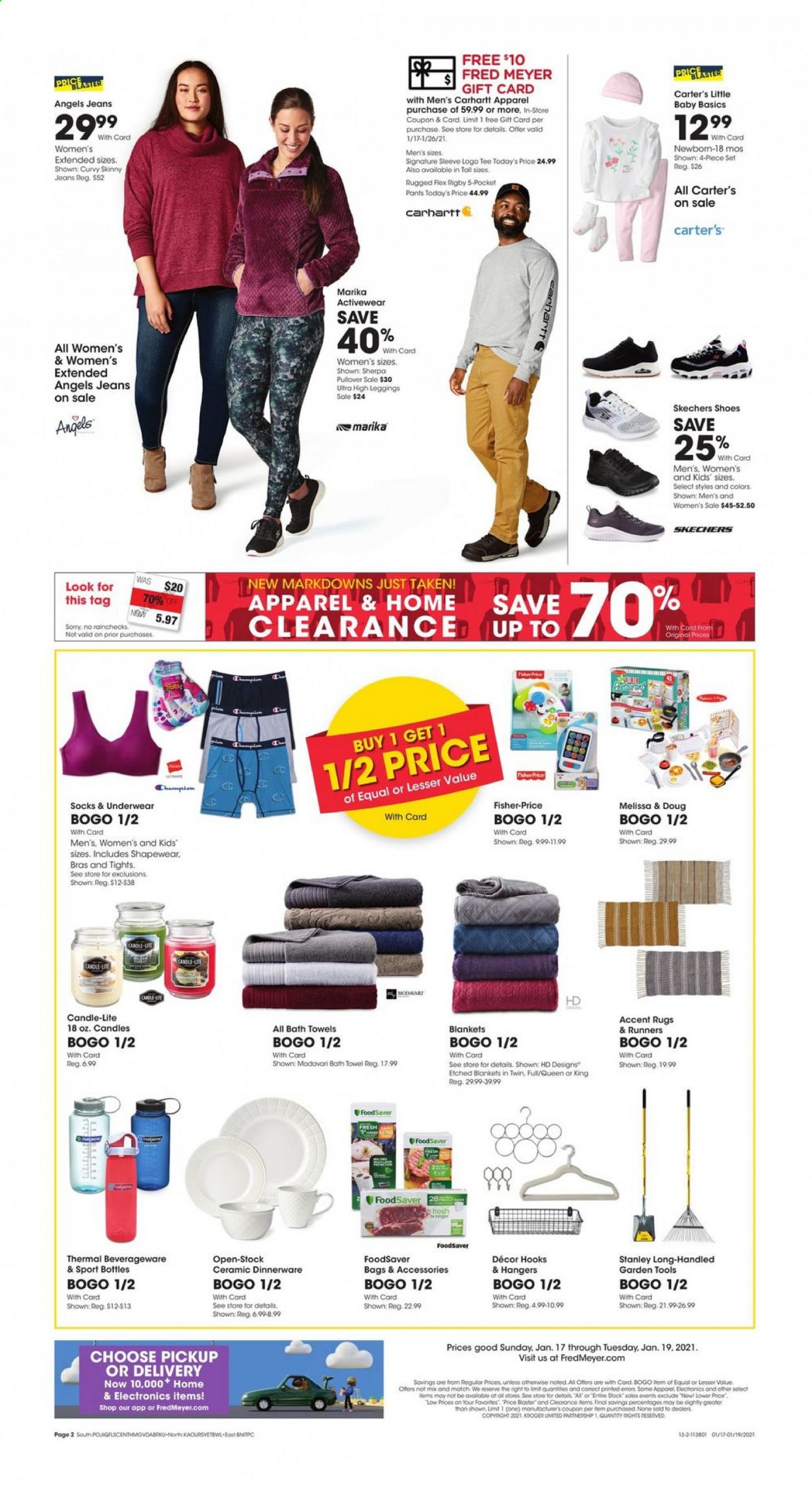 thumbnail - Fred Meyer Flyer - 01/17/2021 - 01/19/2021 - Sales products - hook, hanger, dinnerware set, thermal bottle, candle, blanket, bath towel, towel, Fisher-Price, Stanley, bra. Page 2.