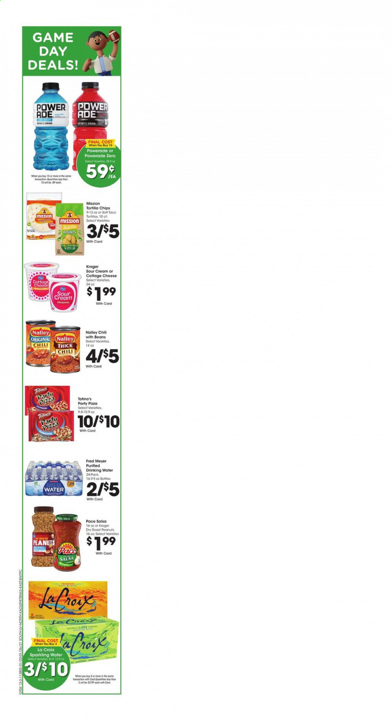 thumbnail - Fred Meyer Flyer - 01/20/2021 - 01/26/2021 - Sales products - pizza, cottage cheese, cheese, curd, sour cream, salsa, beans, tortilla chips, chips, peanuts, Powerade, sparkling water. Page 9.