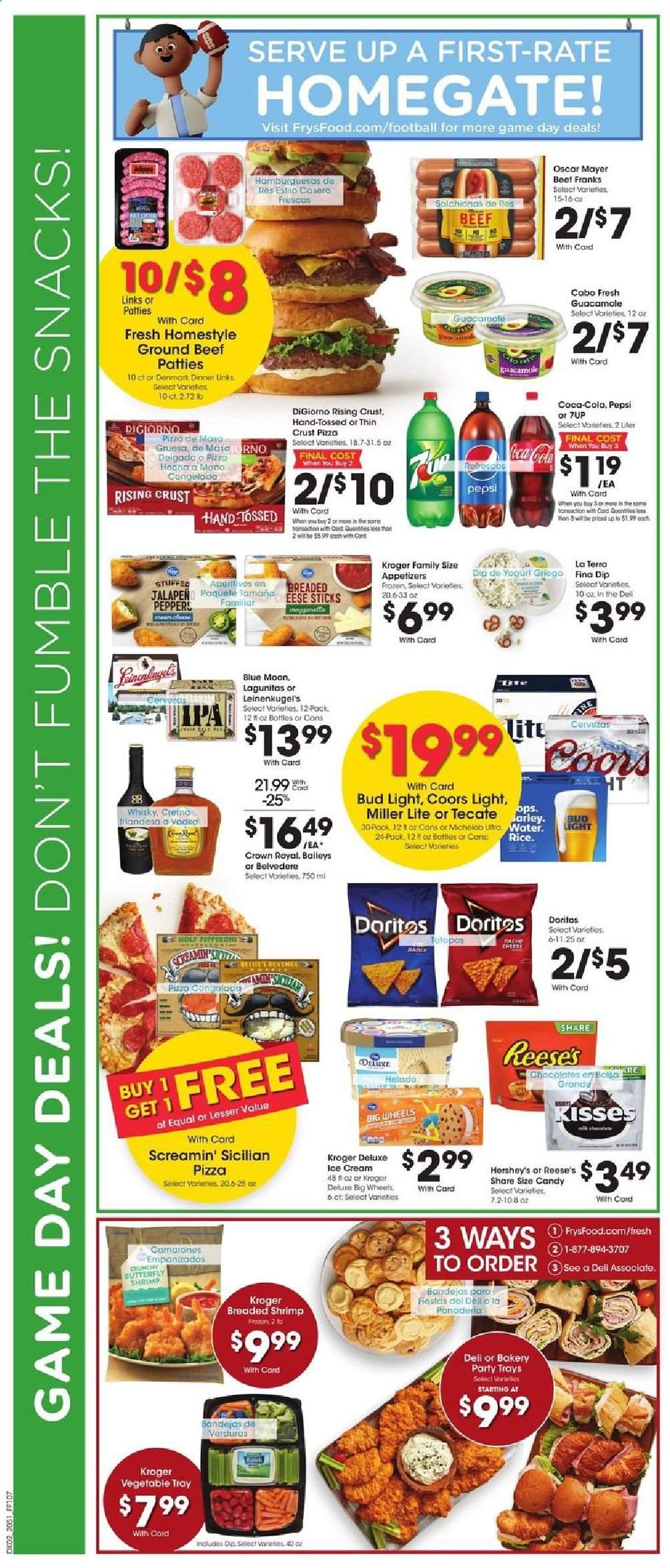 thumbnail - Fry’s Flyer - 01/20/2021 - 01/26/2021 - Sales products - shrimps, pizza, Oscar Mayer, pepperoni, guacamole, yoghurt, dip, ice cream, Reese's, Hershey's, Screamin' Sicilian, chocolate, Doritos, snack, Coca-Cola, Pepsi, 7UP, vodka, whiskey, Baileys, beer, Miller Lite, Coors, Blue Moon, Michelob, Bud Light, IPA, beef meat, ground beef, tray. Page 3.