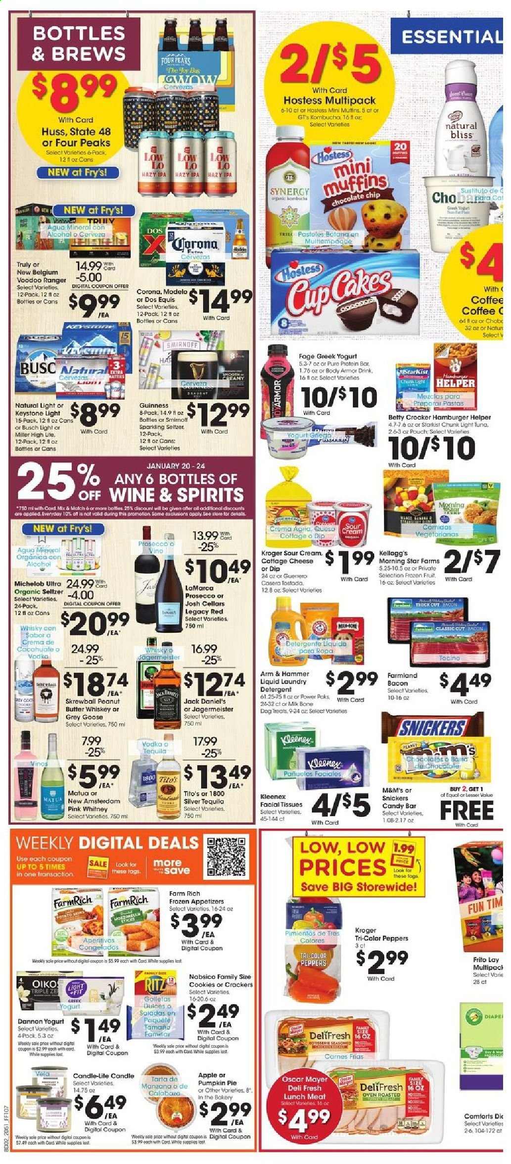 thumbnail - Fry’s Flyer - 01/20/2021 - 01/26/2021 - Sales products - pie, muffin, tuna, StarKist, Jack Daniel's, bacon, Oscar Mayer, lunch meat, cottage cheese, greek yoghurt, yoghurt, Dannon, sour cream, dip, mango, cookies, Snickers, M&M's, crackers, Kellogg's, RITZ, ARM & HAMMER, light tuna, protein bar, peanut butter, seltzer water, kombucha, coffee, prosecco, wine, alcohol, Smirnoff, tequila, vodka, whiskey, Jägermeister, TRULY, beer, Dos Equis, Michelob, Busch, Corona Extra, Guinness, IPA, Keystone, Modelo, Kleenex, tissues, detergent, laundry detergent, facial tissues, cup, candle. Page 4.