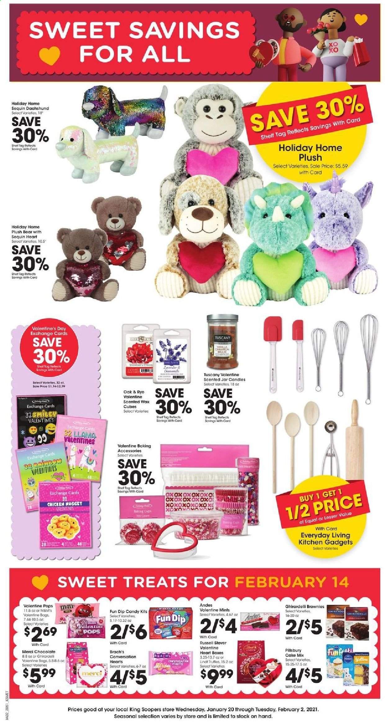 thumbnail - King Soopers Flyer - 01/20/2021 - 02/02/2021 - Sales products - cake mix, brownies, Pillsbury, dip, chocolate, Lindt, Merci, Ghirardelli, baking accessories, cup, jar, candle. Page 1.