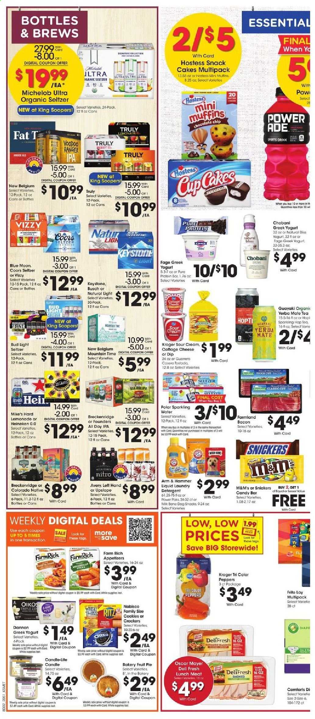 thumbnail - King Soopers Flyer - 01/20/2021 - 01/26/2021 - Sales products - cake, pie, muffin, bacon, Oscar Mayer, lunch meat, cottage cheese, greek yoghurt, Oreo, yoghurt, Oikos, Chobani, Dannon, milk, sour cream, dip, cookies, Snickers, M&M's, crackers, RITZ, snack, Thins, ARM & HAMMER, protein bar, lemonade, seltzer water, sparkling water, tea, TRULY, beer, Coors, Blue Moon, Michelob, Busch, Bud Light, Heineken, IPA, Keystone, detergent, laundry detergent, candle. Page 4.