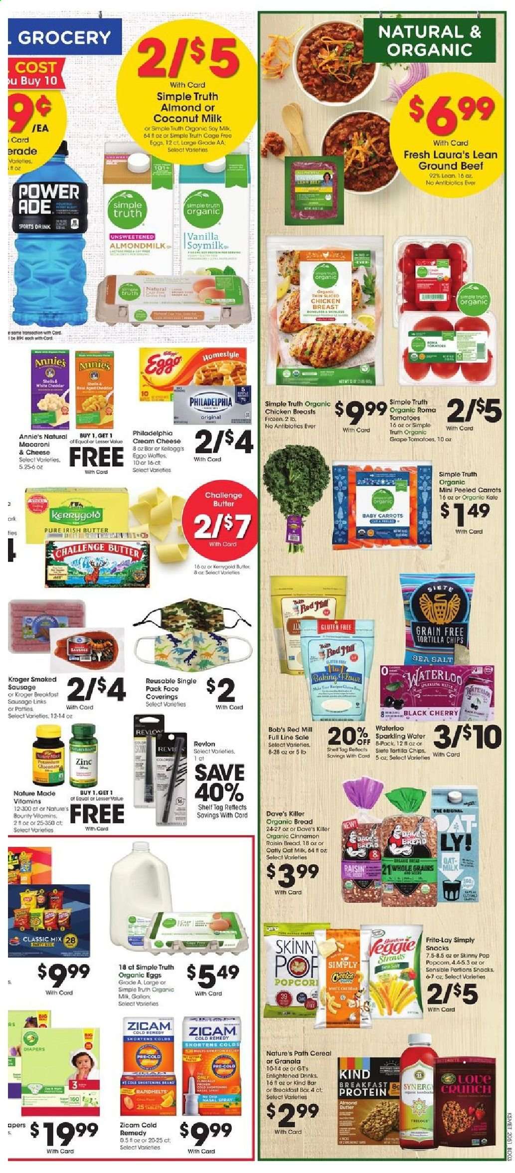 thumbnail - King Soopers Flyer - 01/20/2021 - 01/26/2021 - Sales products - gallon, bread, cream cheese, Annie's, sausage, smoked sausage, Philadelphia, cheddar, almond milk, soy milk, organic milk, oat milk, eggs, cage free eggs, irish butter, Enlightened lce Cream, carrots, Bounty, Kellogg's, tortilla chips, snack, popcorn, Frito-Lay, Skinny Pop, flour, oats, sea salt, coconut milk, cereals, granola, macaroni, raisins, sparkling water, chicken breasts, beef meat, ground beef, Revlon, Nature Made, Nature's Bounty, zinc. Page 5.