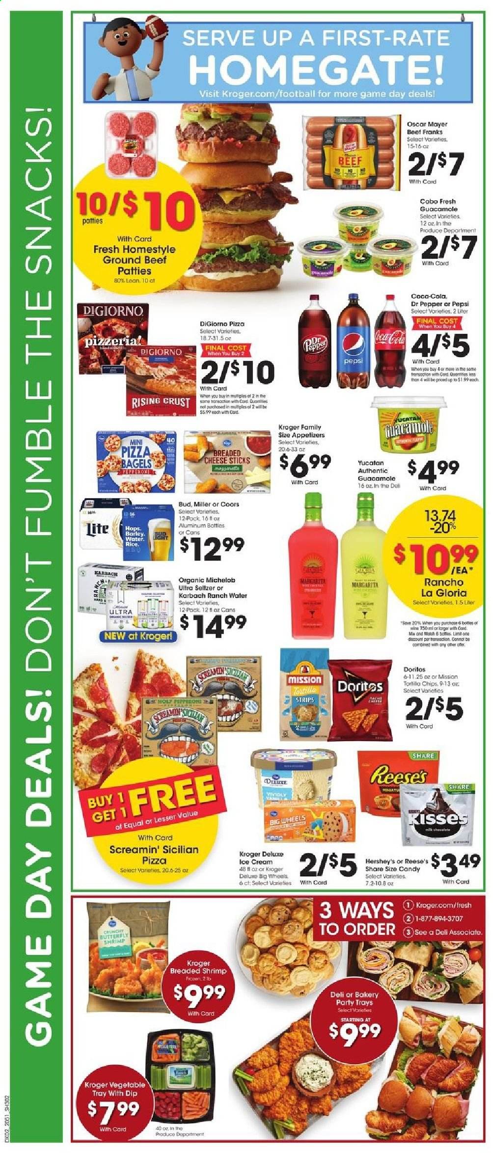thumbnail - Kroger Flyer - 01/20/2021 - 01/26/2021 - Sales products - bagels, shrimps, pizza, Oscar Mayer, pepperoni, guacamole, cheese, dip, ice cream, Reese's, Hershey's, strips, Screamin' Sicilian, Doritos, chips, snack, cheese sticks, Coca-Cola, Pepsi, Dr. Pepper, seltzer water, wine, beer, Coors, Michelob, Miller, beef meat, ground beef, tray, lens. Page 3.