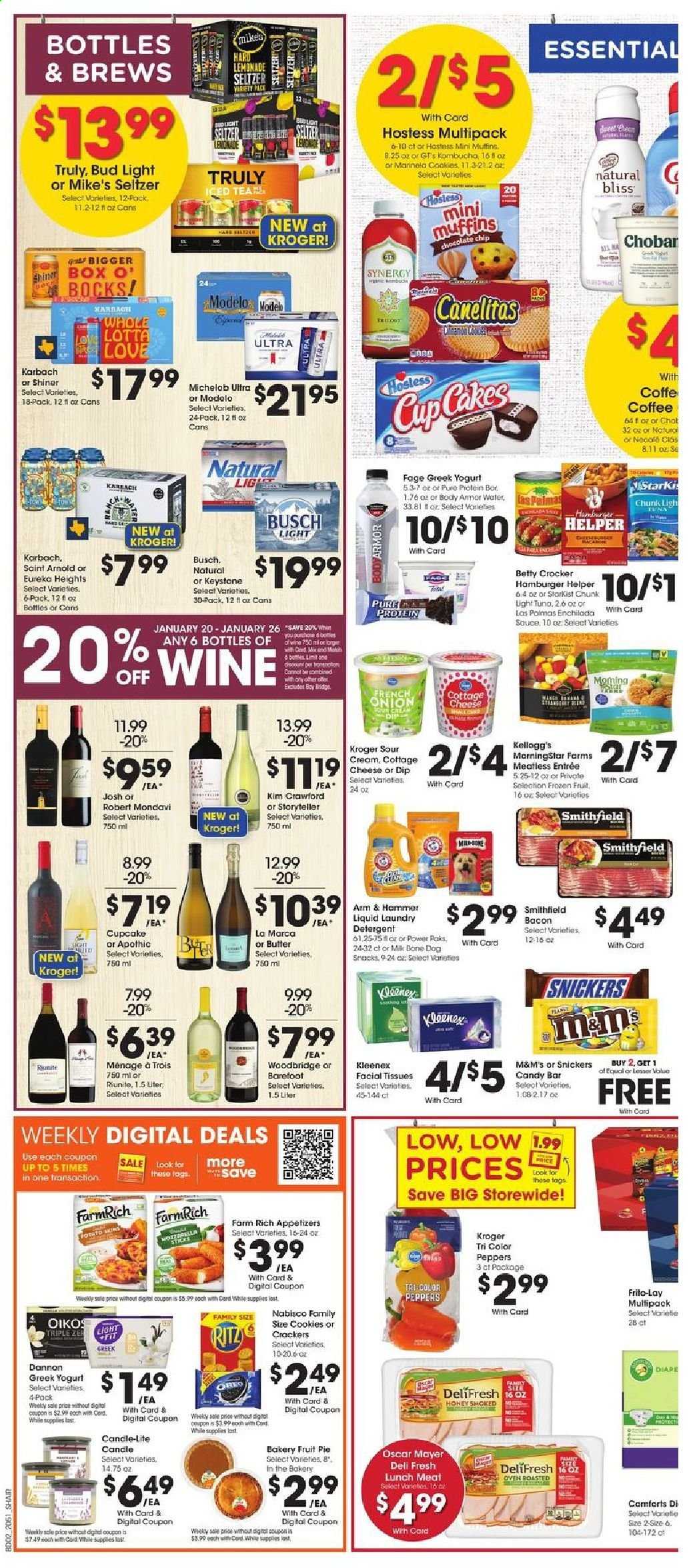 thumbnail - Kroger Flyer - 01/20/2021 - 01/26/2021 - Sales products - cupcake, pie, muffin, MorningStar Farms, bacon, Oscar Mayer, lunch meat, cottage cheese, greek yoghurt, Oreo, yoghurt, Oikos, Dannon, milk, butter, sour cream, dip, cookies, Snickers, M&M's, crackers, Kellogg's, RITZ, snack, Frito-Lay, ARM & HAMMER, light tuna, honey, lemonade, seltzer water, coffee, Woodbridge, TRULY, beer, Michelob, Busch, Bud Light, Keystone, Modelo, Kleenex, tissues, detergent, laundry detergent, facial tissues, cup, candle, Body Armor. Page 4.