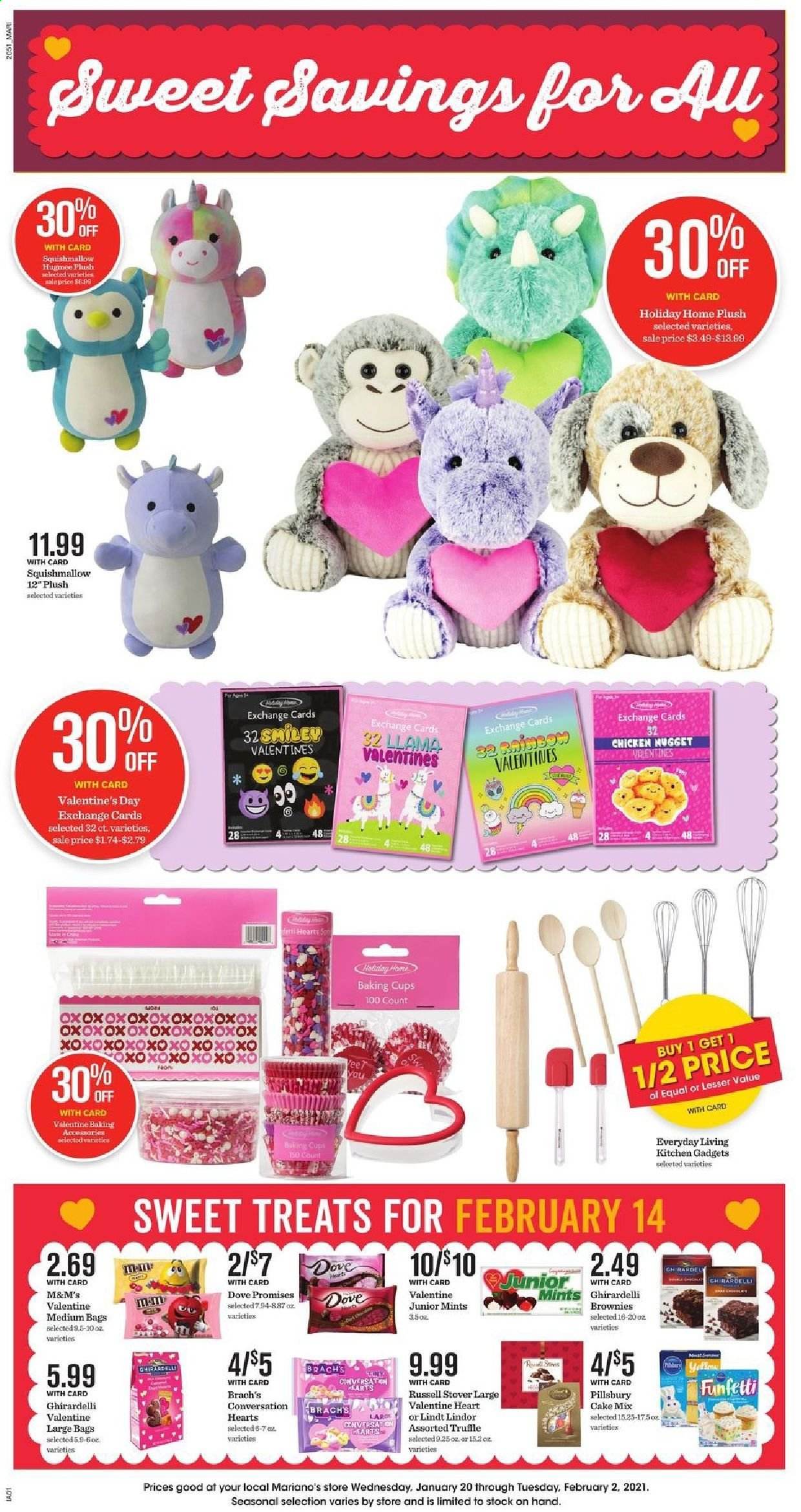 thumbnail - Mariano’s Flyer - 01/20/2021 - 02/02/2021 - Sales products - cake mix, brownies, Pillsbury, Lindt, Lindor, truffles, M&M's, Ghirardelli, baking accessories, cup, Squishmallows. Page 1.