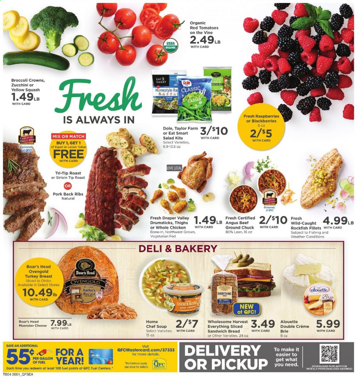 thumbnail - QFC Flyer - 01/20/2021 - 01/26/2021 - Sales products - blackberries, raspberries, Dole, bread, rockfish, sandwich, soup, salad, cheese, brie, Münster cheese, zucchini, noodles, turkey breast, whole chicken, beef meat, ground chuck, pork meat, pork back ribs. Page 4.