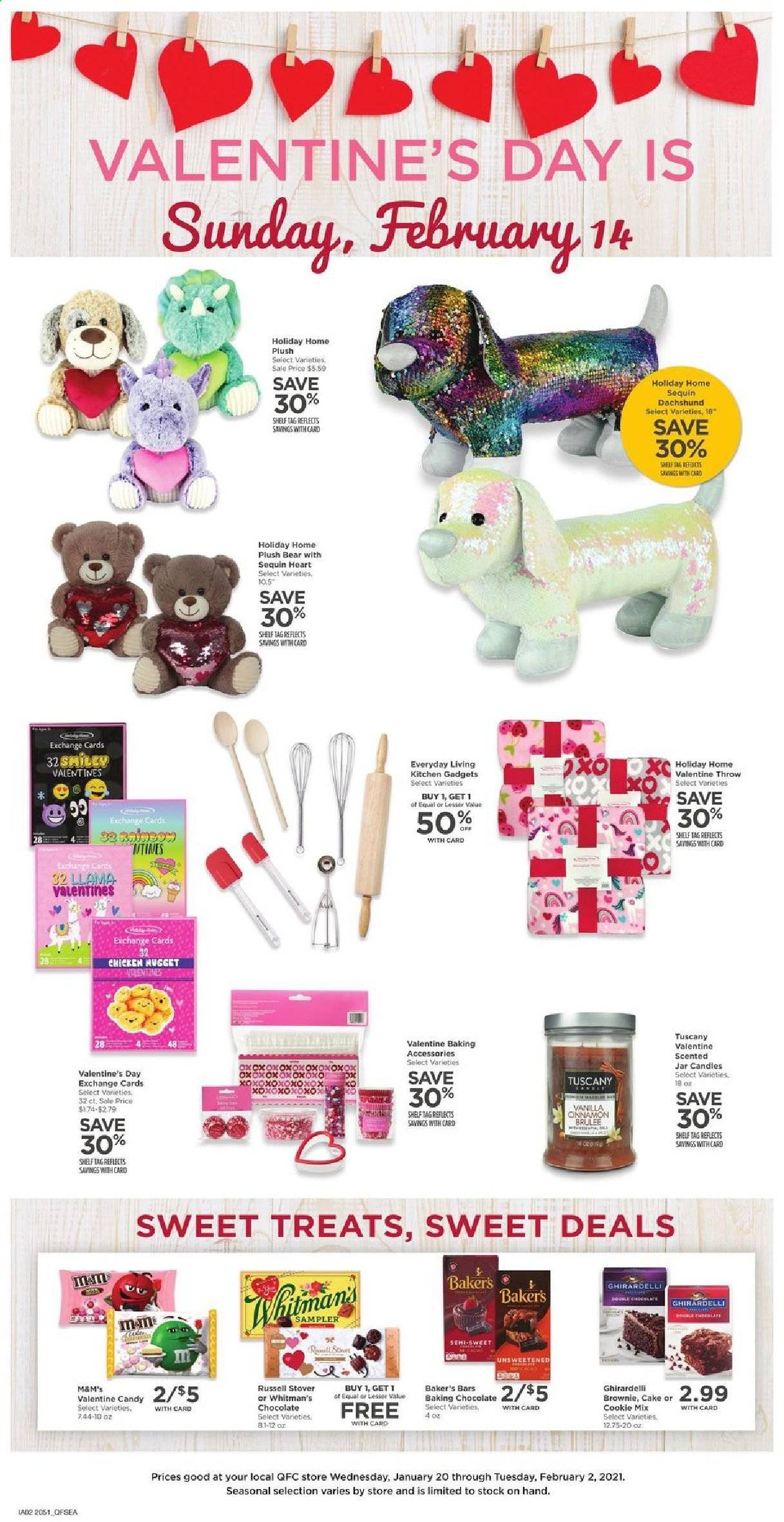 thumbnail - QFC Flyer - 01/20/2021 - 01/26/2021 - Sales products - cake, brownies, cookies, chocolate, M&M's, Ghirardelli, cinnamon, baking accessories, jar, candle. Page 6.