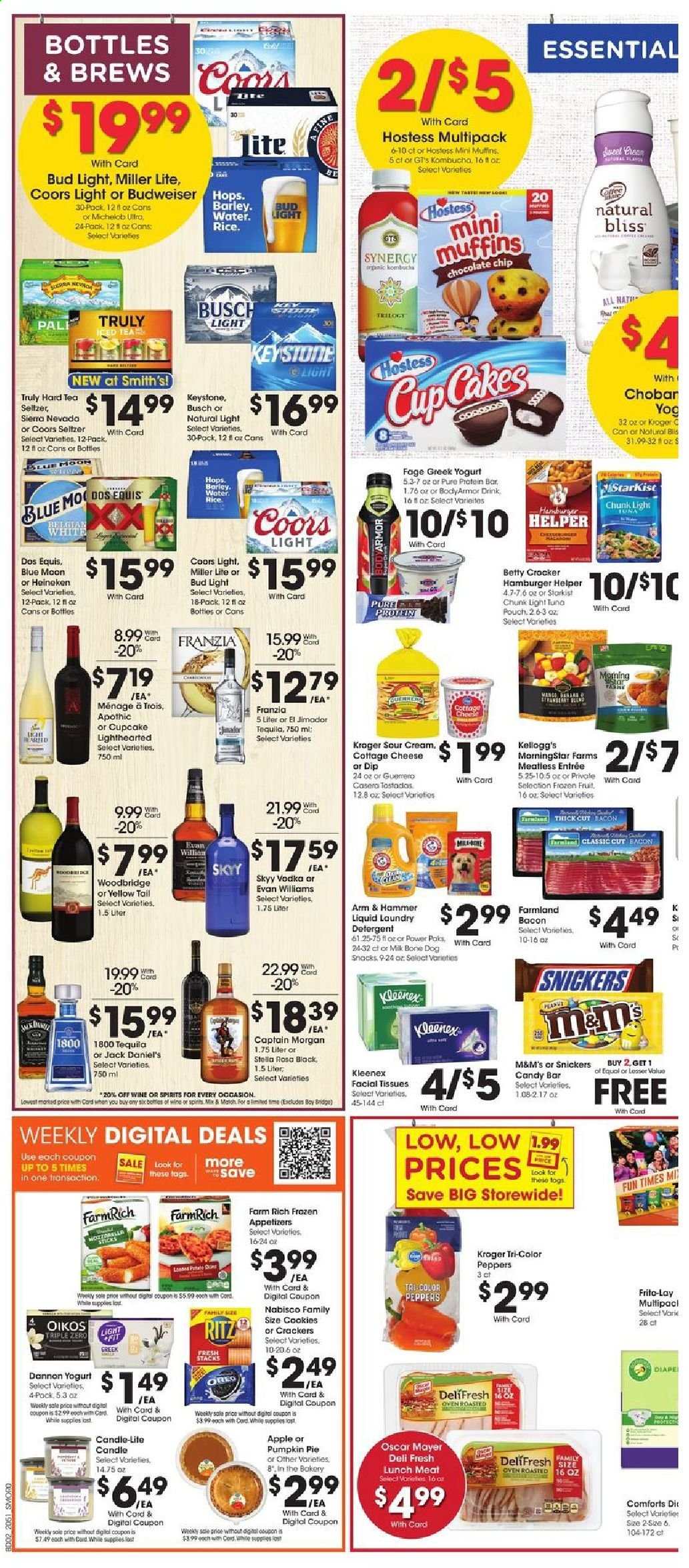 thumbnail - Smith's Flyer - 01/20/2021 - 01/26/2021 - Sales products - tostadas, pie, muffin, StarKist, Jack Daniel's, MorningStar Farms, bacon, Oscar Mayer, lunch meat, cottage cheese, greek yoghurt, Oreo, yoghurt, Oikos, Dannon, milk, sour cream, dip, cookies, Snickers, M&M's, crackers, Kellogg's, RITZ, Smith's, Frito-Lay, ARM & HAMMER, protein bar, seltzer water, kombucha, tea, wine, Woodbridge, Captain Morgan, tequila, vodka, SKYY, TRULY, beer, Budweiser, Miller Lite, Coors, Dos Equis, Blue Moon, Michelob, Busch, Bud Light, Heineken, Keystone, Kleenex, tissues, detergent, laundry detergent, facial tissues, cup, candle. Page 4.