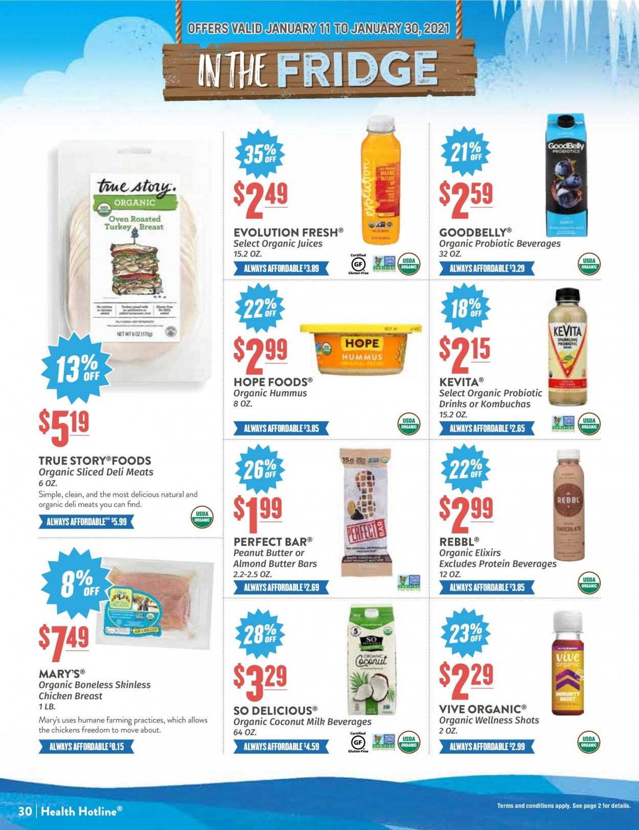 thumbnail - Natural Grocers Flyer - 01/11/2021 - 01/30/2021 - Sales products - hummus, almond butter, coconut milk, peanut butter, almonds, juice, KeVita, chicken breasts. Page 30.