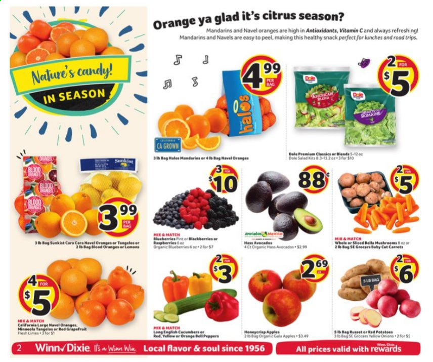 thumbnail - Winn Dixie Flyer - 01/20/2021 - 01/26/2021 - Sales products - apples, oranges, salad, carrots, bell peppers, cucumber, mandarines, Bella. Page 2.