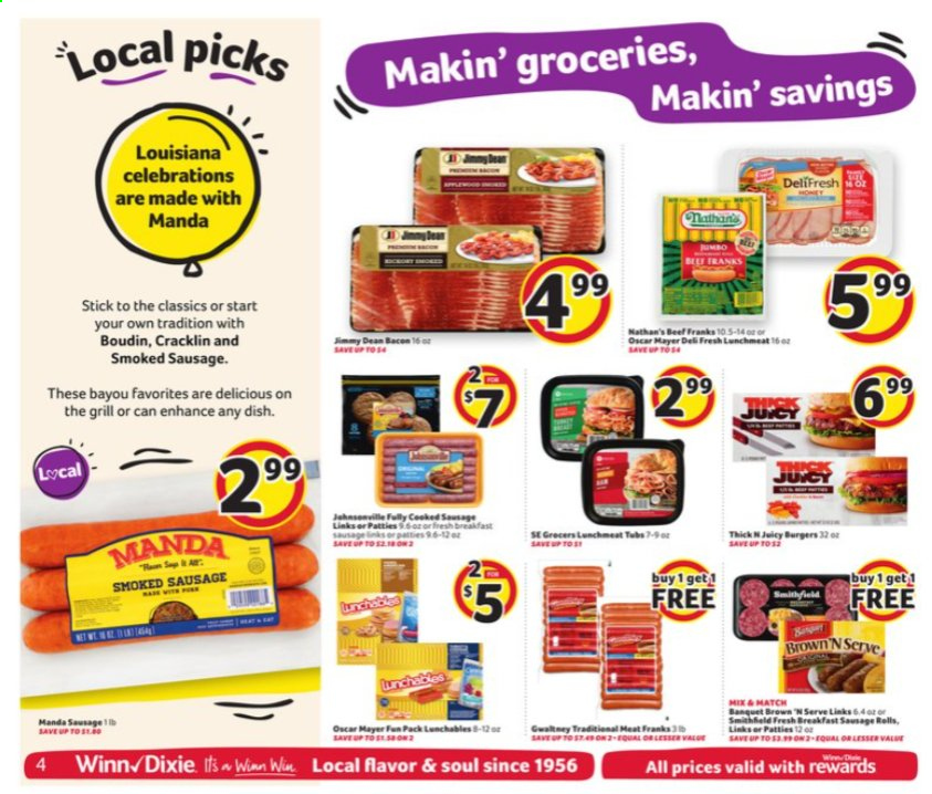 thumbnail - Winn Dixie Flyer - 01/20/2021 - 01/26/2021 - Sales products - hamburger, bacon, Oscar Mayer, sausage, smoked sausage, lunch meat, Celebration. Page 4.
