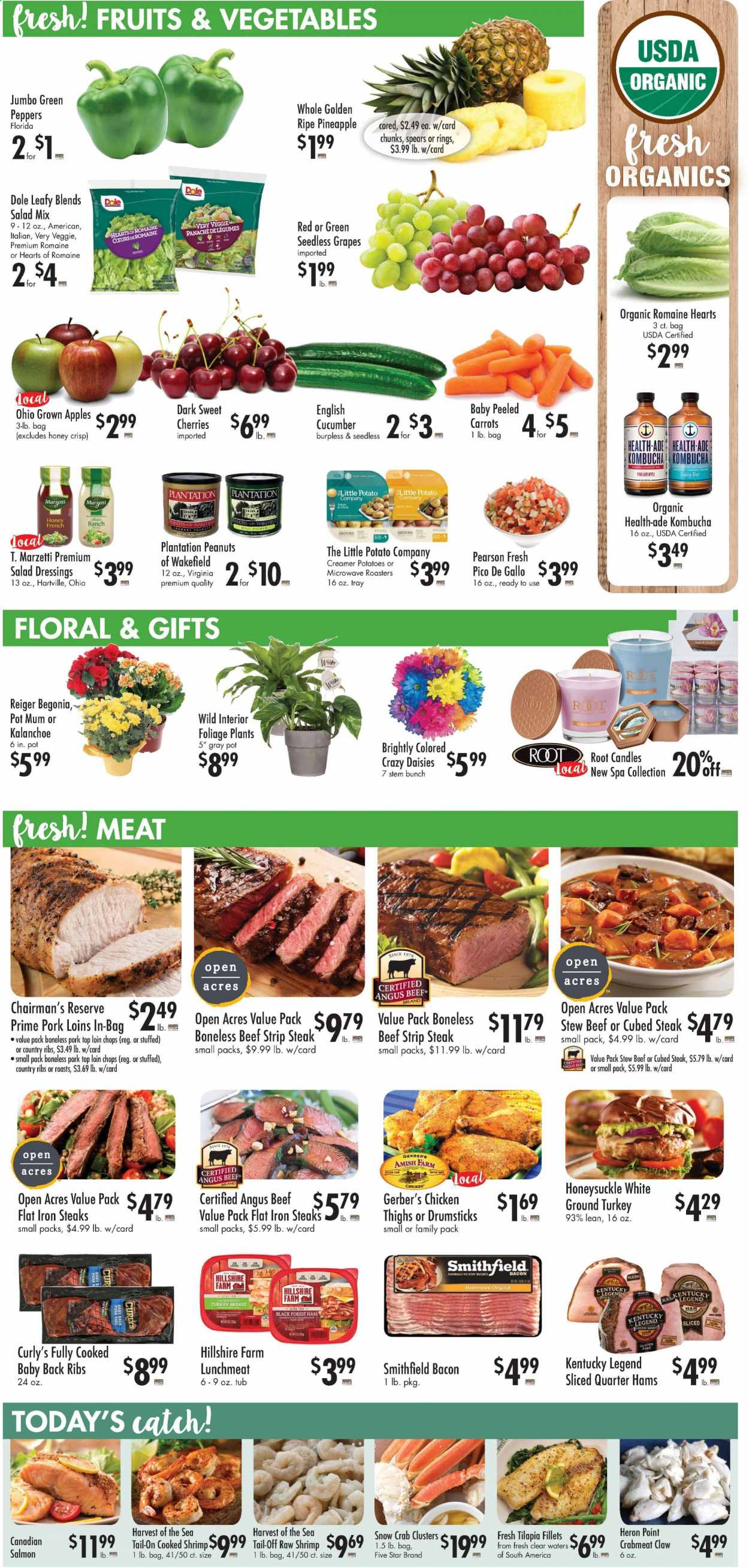 thumbnail - Buehler's Flyer - 01/20/2021 - 01/26/2021 - Sales products - carrots, cucumber, potatoes, salad, Dole, peppers, green pepper, romaine hearts, grapes, seedless grapes, cherries, crab meat, fish fillets, salmon, tilapia, crab, shrimps, crab clusters, bacon, ham, Hillshire Farm, lunch meat, frappé, peanuts, kombucha, ground turkey, chicken thighs, chicken drumsticks, chicken, turkey, beef meat, beef steak, steak, striploin steak, pork meat, pork ribs, pork back ribs, candle, houseplant, begonia, outdoor flowers, kalanchoe. Page 4.