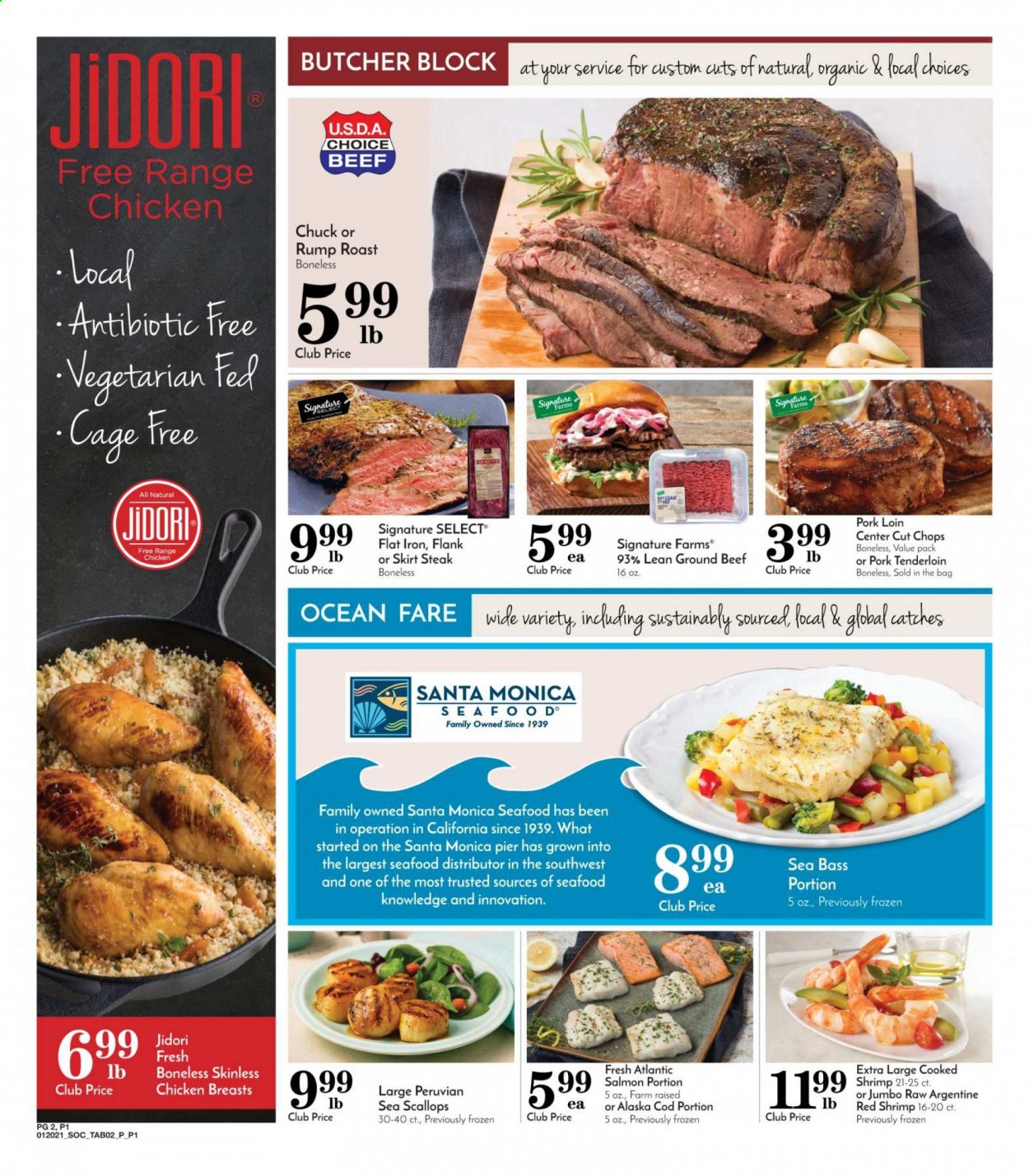 thumbnail - Pavilions Flyer - 01/20/2021 - 01/26/2021 - Sales products - cod, salmon, scallops, sea bass, seafood, shrimps, cage free eggs, Santa, chicken breasts, beef meat, ground beef, steak, pork loin, pork meat, pork tenderloin. Page 2.