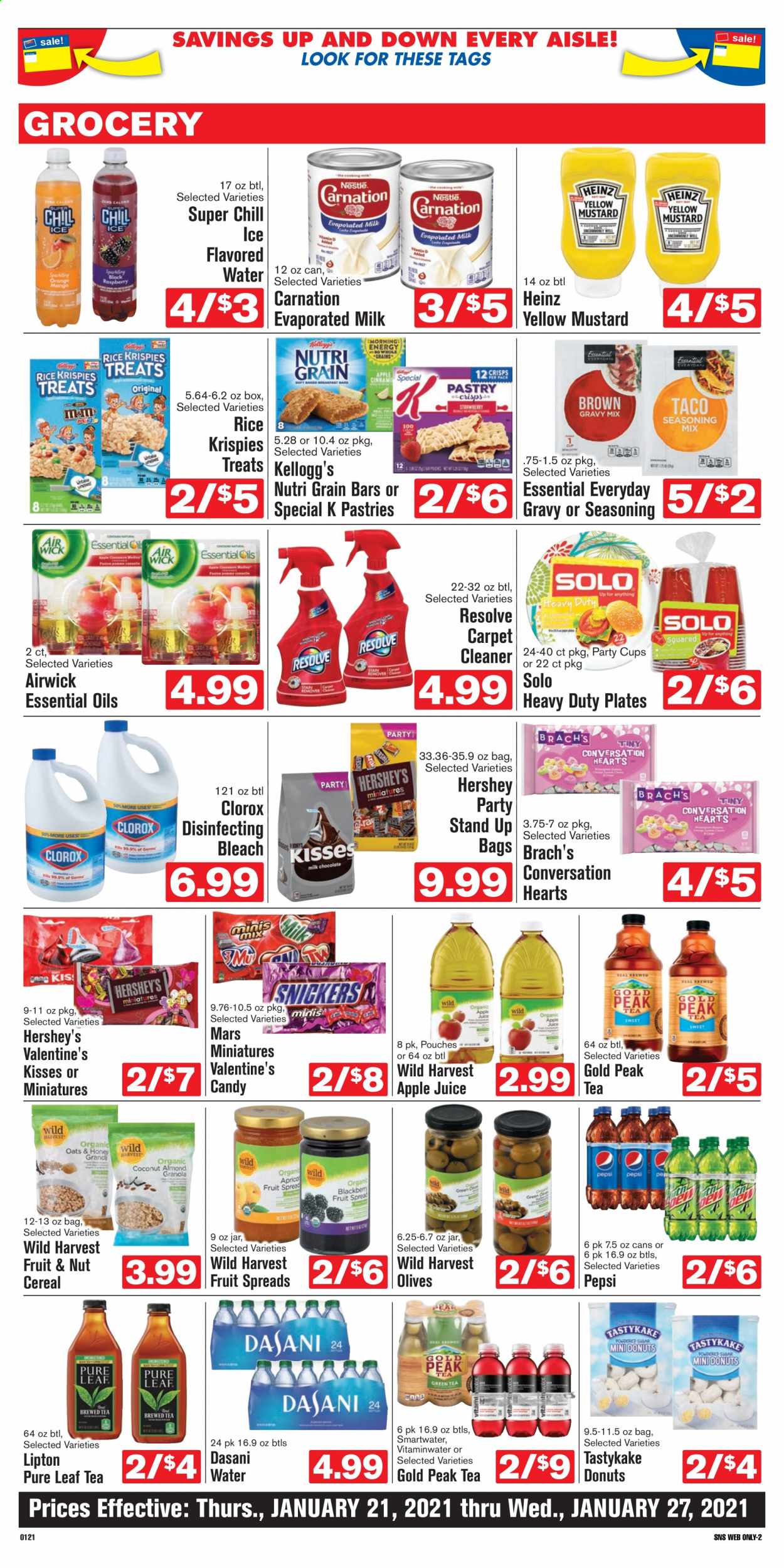 thumbnail - Shop ‘n Save Flyer - 01/21/2021 - 01/27/2021 - Sales products - donut, evaporated milk, Hershey's, Mars, Kellogg's, Wild Harvest, Heinz, olives, cereals, Nutri-Grain, mustard, apple juice, Pepsi, juice, Lipton, Gold Peak Tea, flavored water, tea, Pure Leaf, cleaner, Clorox, bleach. Page 4.