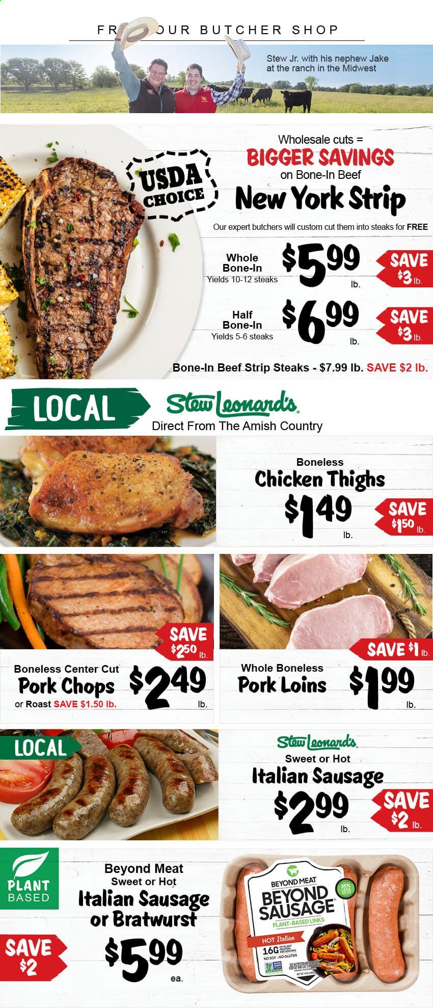thumbnail - Stew Leonard's Flyer - 01/20/2021 - 01/26/2021 - Sales products - chicken thighs, beef meat, steak, striploin steak, pork chops, pork meat, bratwurst, sausage, italian sausage. Page 1.