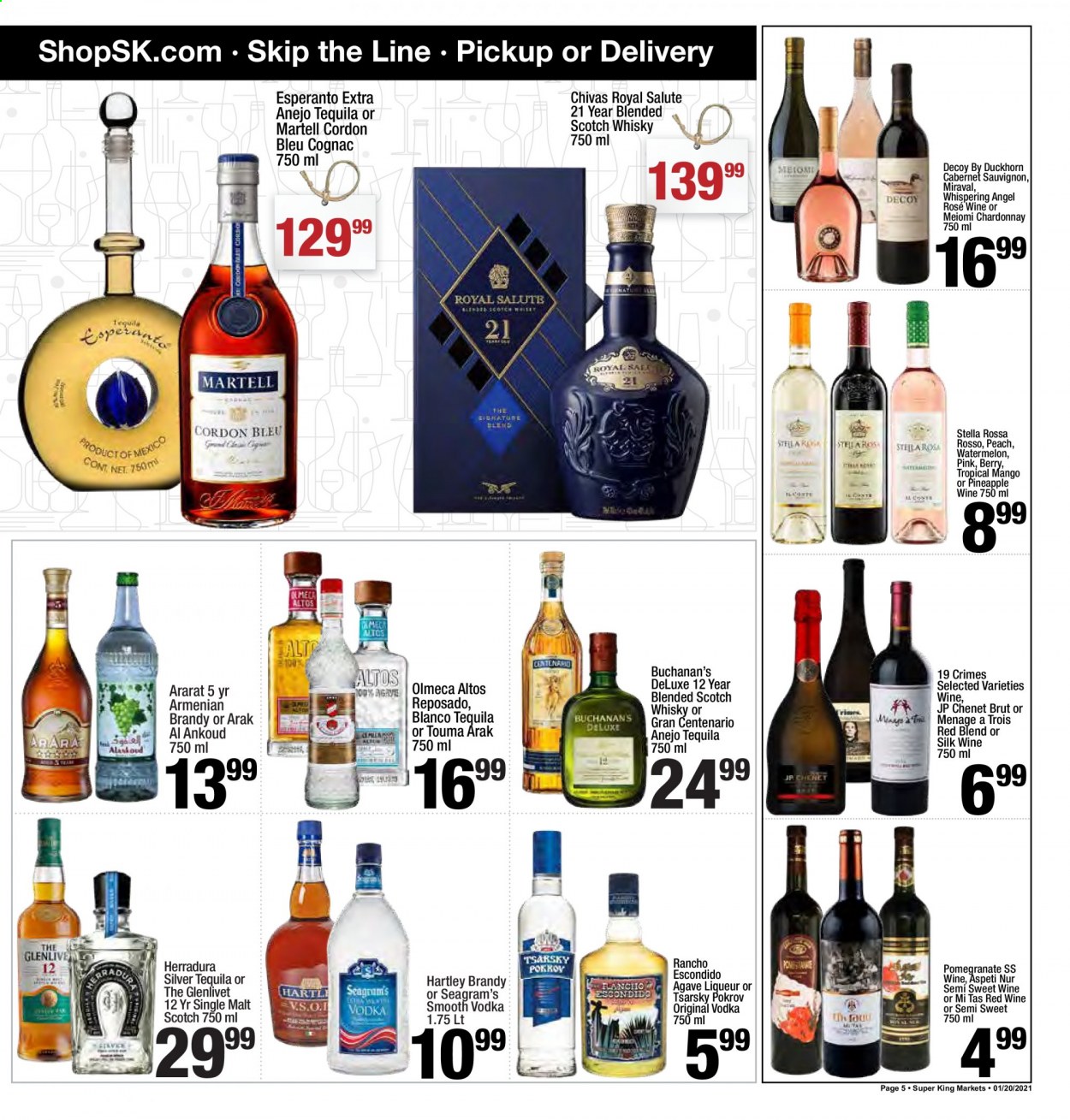 thumbnail - Super King Markets Flyer - 01/20/2021 - 01/26/2021 - Sales products - Silk, mango, cordon bleu, malt, Cabernet Sauvignon, red wine, Chardonnay, wine, brandy, cognac, liqueur, tequila, vodka, Olmeca, scotch whisky, whisky, watermelon. Page 5.