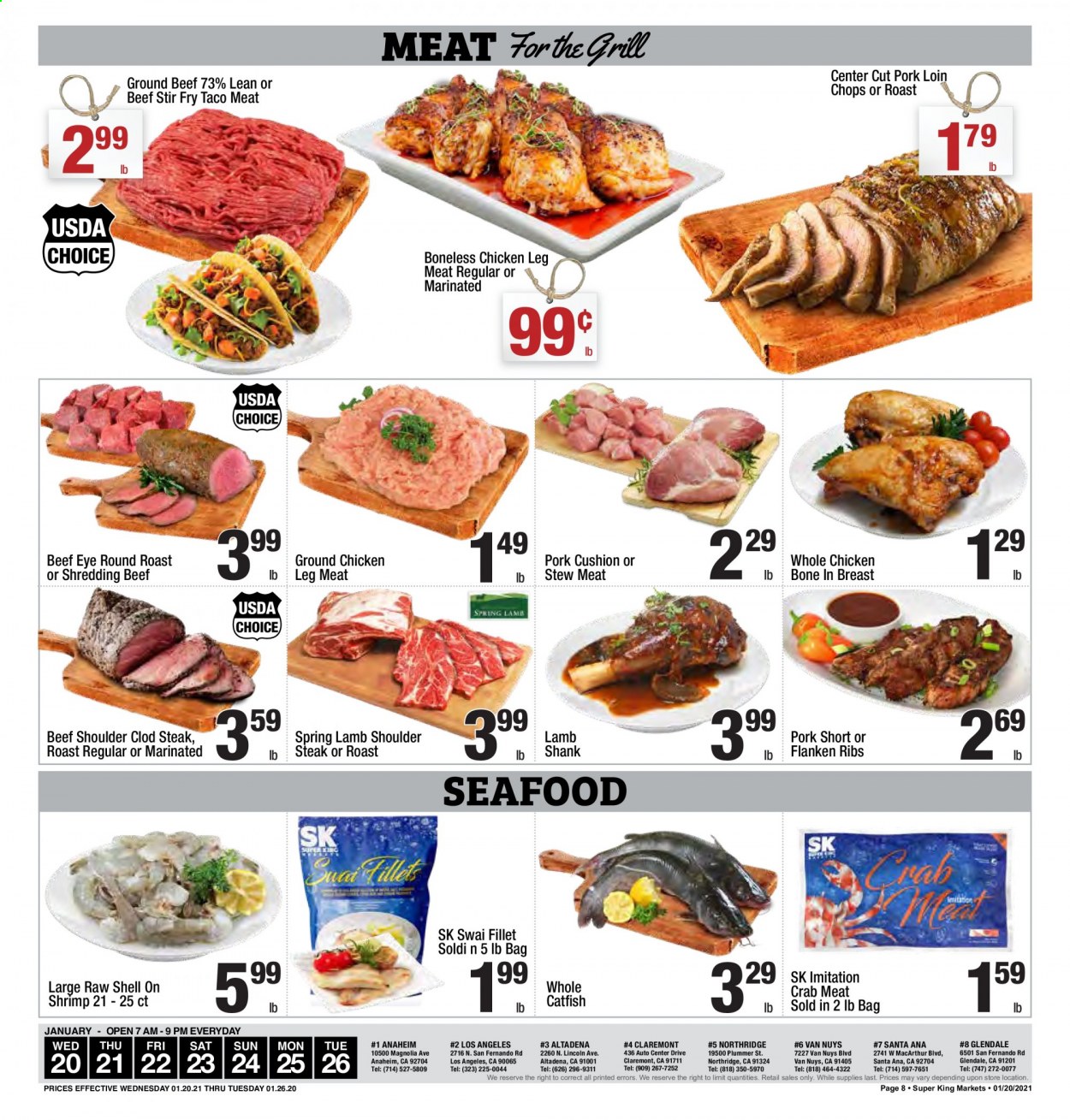 thumbnail - Super King Markets Flyer - 01/20/2021 - 01/26/2021 - Sales products - stew meat, ground chicken, whole chicken, beef meat, ground beef, steak, round roast, pork loin, pork meat, lamb meat, lamb shank, lamb shoulder, catfish, crab meat, seafood, crab, shrimps, swai fillet, Santa. Page 8.