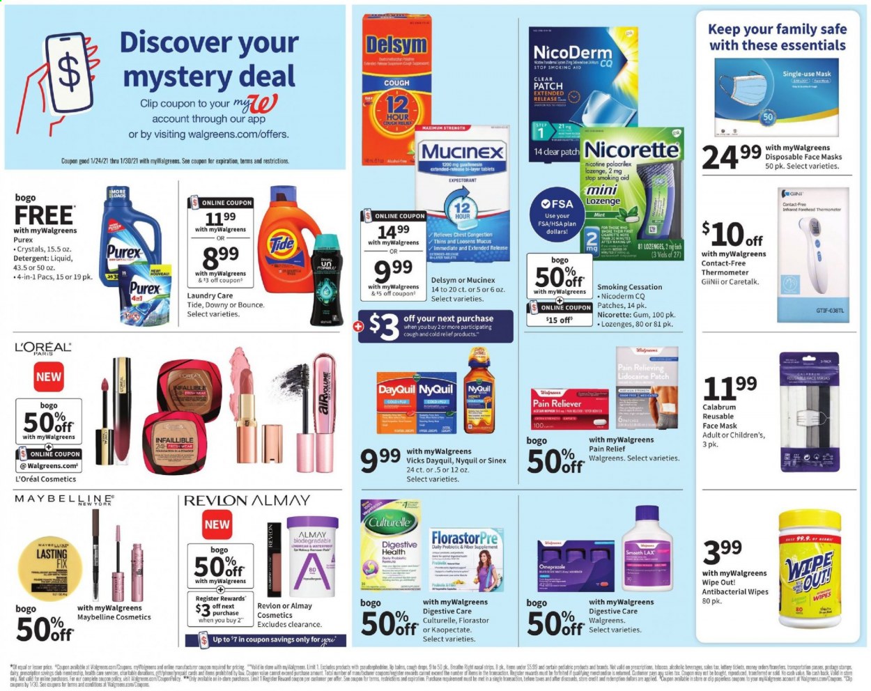 thumbnail - Walgreens Flyer - 01/24/2021 - 01/30/2021 - Sales products - Digestive, Thins, honey, alcohol, detergent, wipes, Tide, Bounce, Purex, Almay, L’Oréal, Revlon, Vicks, pain relief, Culturelle, DayQuil, Delsym, Mucinex, NicoDerm, Nicorette, probiotics, NyQuil, cough drops, Sinex, thermometer, face mask. Page 2.
