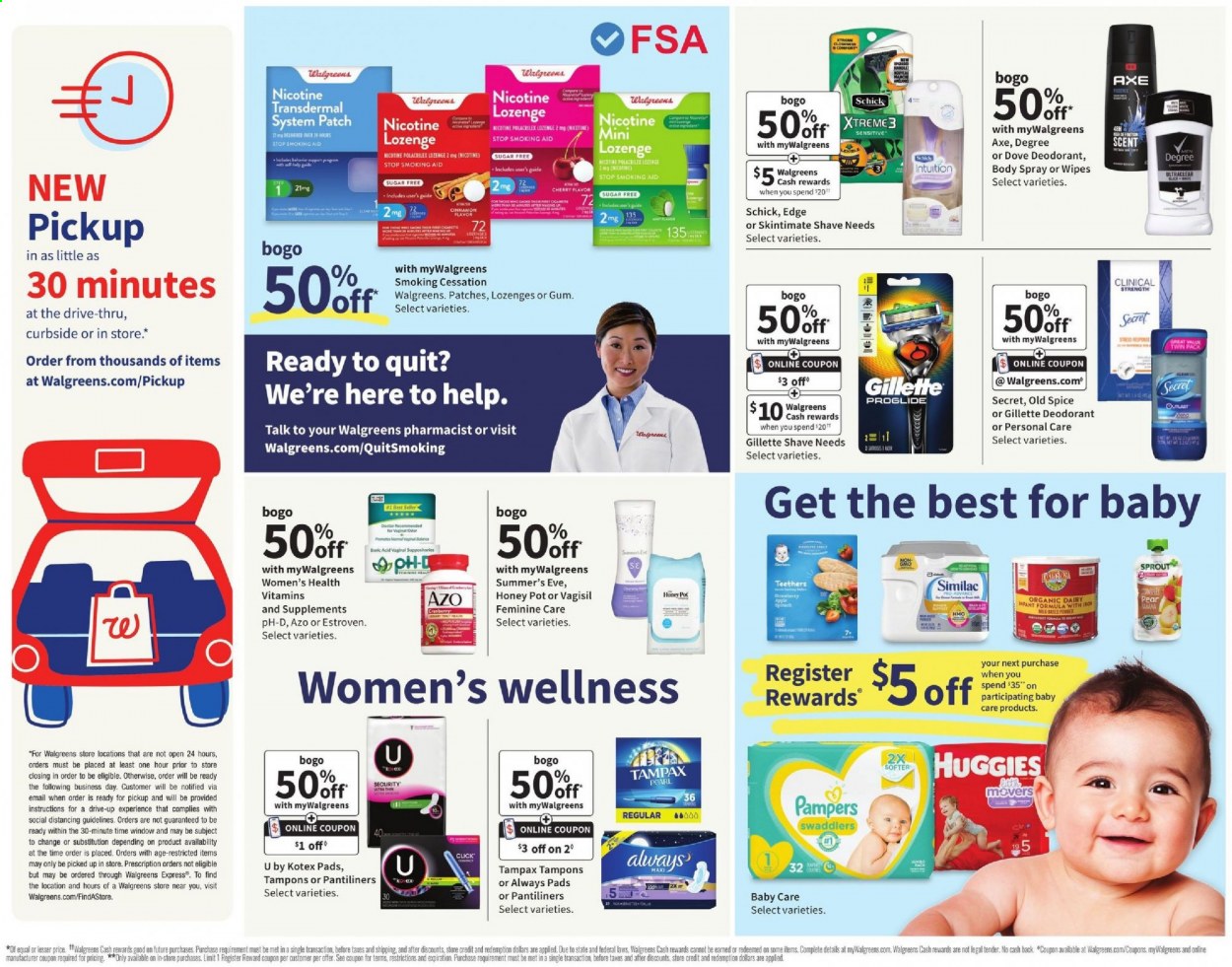 thumbnail - Walgreens Flyer - 01/24/2021 - 01/30/2021 - Sales products - milk, honey, Huggies, Pampers, Honey Pot, wipes, Dove, Old Spice, Tampax, pantiliners, Always pads, Kotex, Kotex pads, tampons, body spray, anti-perspirant, deodorant, Gillette, Schick. Page 5.
