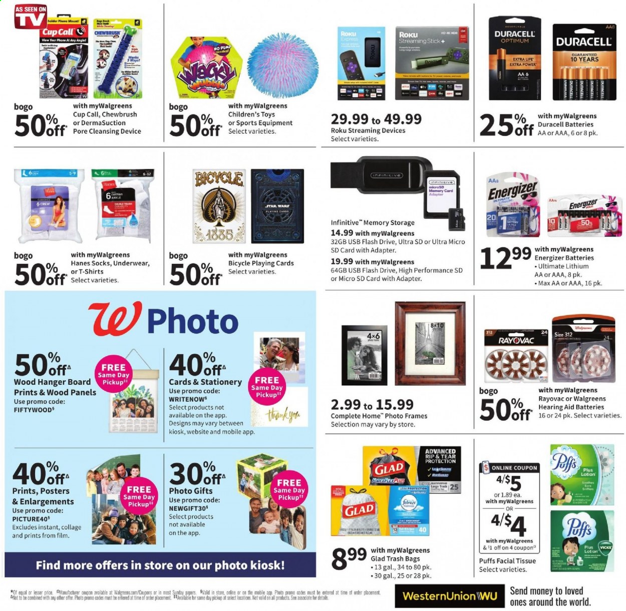 thumbnail - Walgreens Flyer - 01/24/2021 - 01/30/2021 - Sales products - tissues, Febreze, Vicks, trash bags, battery, Duracell, Energizer, Optimum, memory card, mobile phone holder, cushion, socks. Page 8.