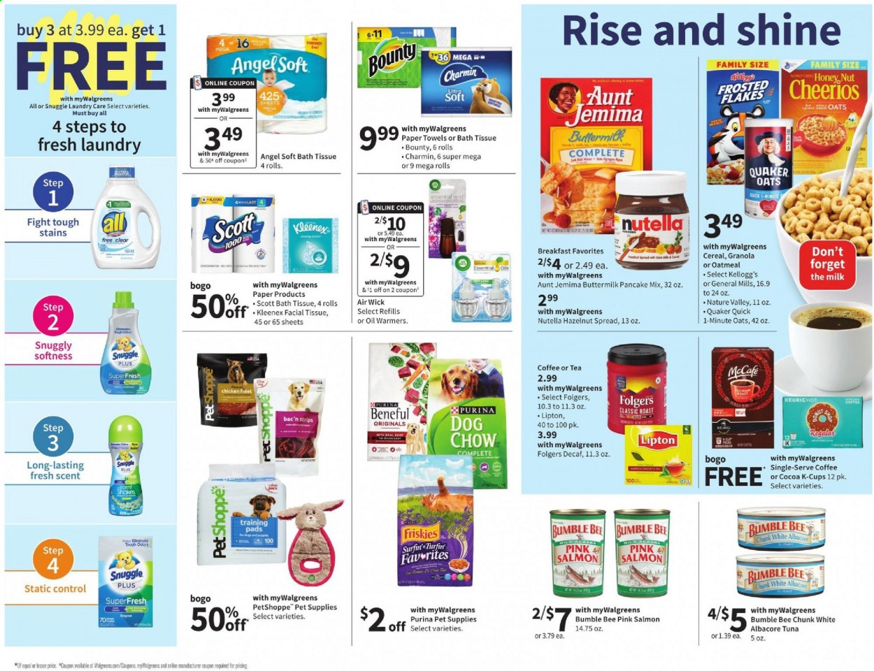 thumbnail - Walgreens Flyer - 01/24/2021 - 01/30/2021 - Sales products - Scott, Quaker, shake, strips, Nutella, Bounty, Kellogg's, cocoa, oatmeal, oats, pancakes, cereals, granola, Cheerios, Frosted Flakes, Nature Valley, hazelnut spread, Lipton, tea, coffee, Folgers, coffee capsules, McCafe, K-Cups, bath tissue, Kleenex, kitchen towels, paper towels, Charmin, Snuggle, Air Wick, PetShoppe, Purina, Friskies. Page 10.