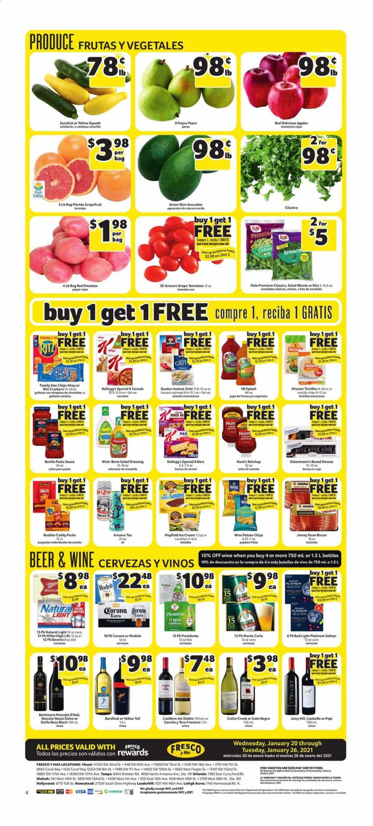 thumbnail - Fresco y Más Flyer - 01/20/2021 - 01/26/2021 - Sales products - zucchini, Dole, donut, Entenmann's, apples, pears, sauce, Barilla, Quaker, Jimmy Dean, bacon, salsa, ice cream, spinach, chocolate, crackers, Kellogg's, Keebler, RITZ, tortilla chips, potato chips, chips, snack, oatmeal, grits, cereals, cilantro, Moscato, salad dressing, ketchup, pasta sauce, dressing, AriZona, seltzer water, tea, beer, Bud Light, Corona Extra, Miller, Modelo, avocado, Red Delicious apples. Page 4.