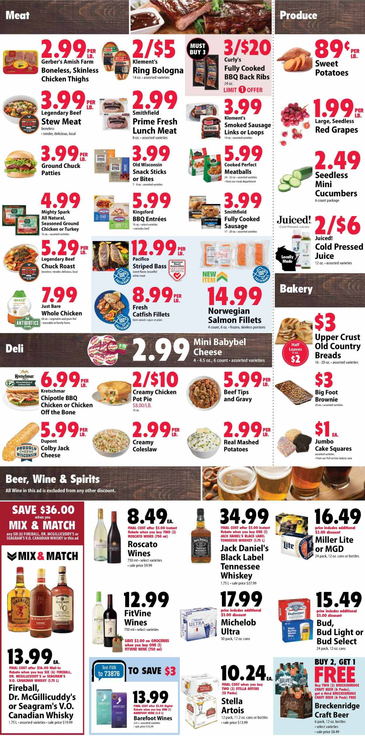 thumbnail - Festival Foods Flyer - 01/20/2021 - 01/26/2021 - Sales products - stew meat, cake squares, pot pie, cake, pie, brownies, catfish, salmon, salmon fillet, coleslaw, Jack Daniel's, meatballs, bologna sausage, sausage, smoked sausage, lunch meat, Colby cheese, cheese, Babybel, sweet potato, Gerber, snack, cucumber, garlic, juice, wine, canadian whisky, Tennessee Whiskey, whiskey, whisky, beer, Budweiser, Miller Lite, Stella Artois, Michelob, Bud Light, whole chicken, chicken thighs, beef meat, ground chuck, chuck roast, grapes. Page 2.