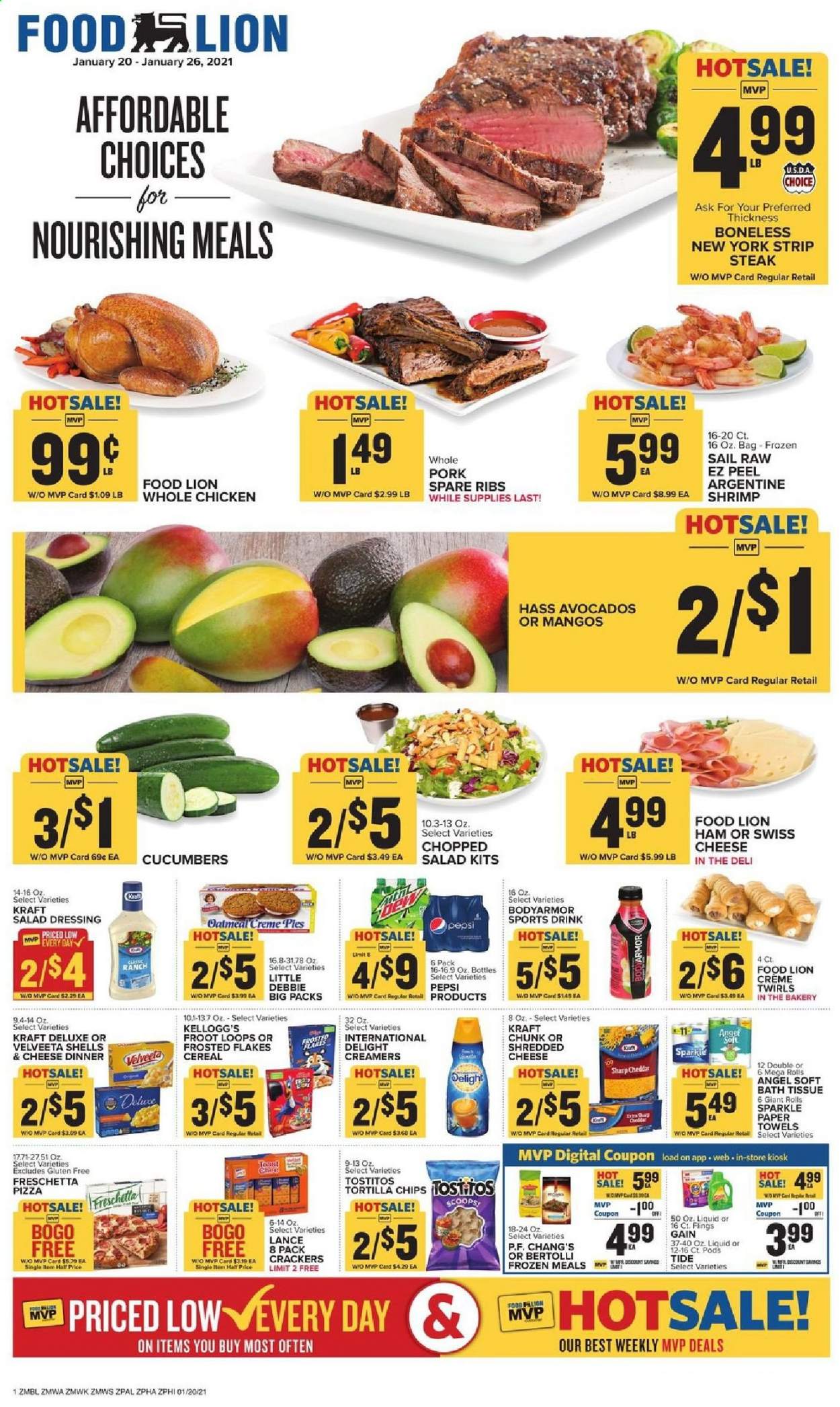 thumbnail - Food Lion Flyer - 01/20/2021 - 01/26/2021 - Sales products - toast bread, shrimps, pizza, Kraft®, Bertolli, ham, shredded cheese, swiss cheese, cheddar, mango, crackers, Kellogg's, tortilla chips, Tostitos, oatmeal, cucumber, cereals, Frosted Flakes, salad dressing, dressing, Pepsi, tea, whole chicken, beef meat, steak, striploin steak, pork meat, pork spare ribs, bath tissue, kitchen towels, paper towels, Gain, Tide, Sharp. Page 1.
