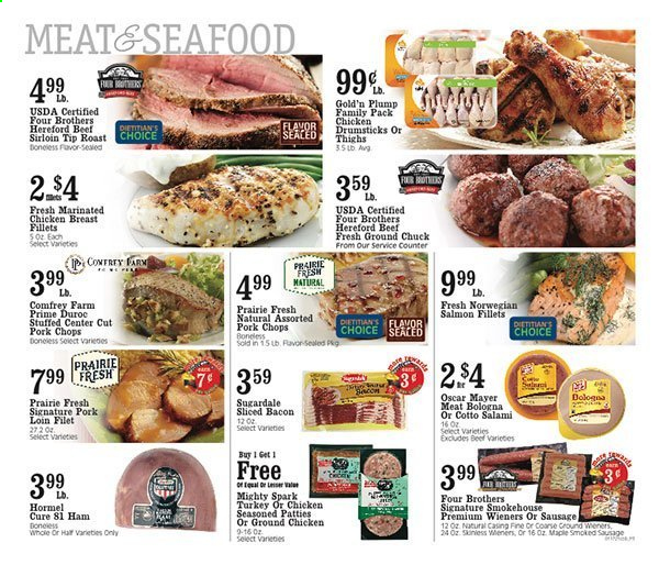 thumbnail - Coborn's Flyer - 01/20/2021 - 01/26/2021 - Sales products - salmon, salmon fillet, Four Brothers, Hormel, bacon, salami, ham, bologna sausage, Oscar Mayer, sausage, smoked sausage, ground chicken, chicken breasts, chicken drumsticks, beef meat, beef sirloin, ground chuck, pork chops, pork loin, pork meat. Page 3.