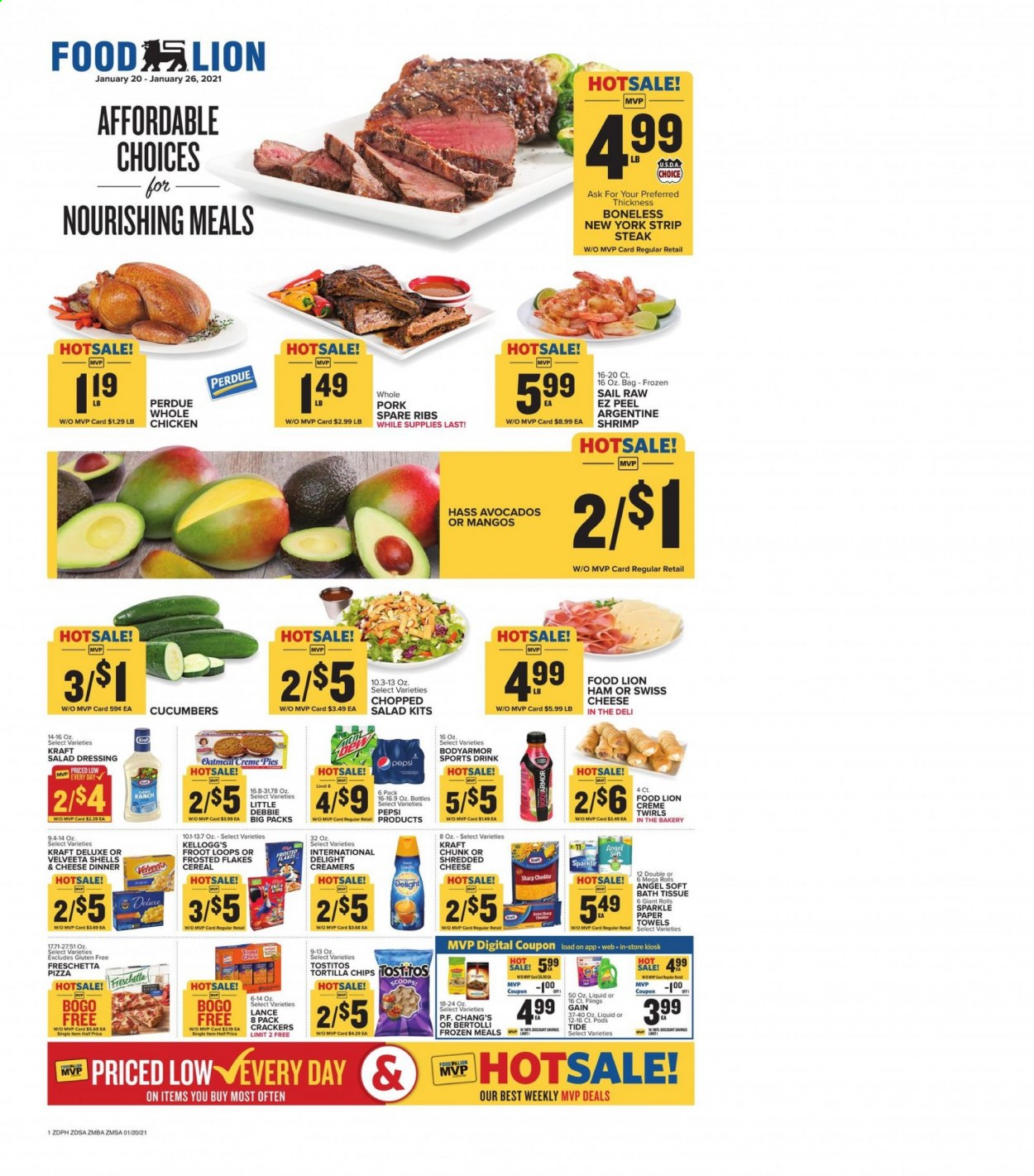 thumbnail - Food Lion Flyer - 01/20/2021 - 01/26/2021 - Sales products - shrimps, pizza, Perdue®, Kraft®, Bertolli, ham, shredded cheese, swiss cheese, cheddar, mango, crackers, Kellogg's, tortilla chips, Tostitos, oatmeal, cucumber, cereals, Frosted Flakes, salad dressing, dressing, Pepsi, whole chicken, beef meat, steak, striploin steak, pork meat, pork spare ribs, bath tissue, kitchen towels, paper towels, Gain, Tide, Sharp. Page 1.