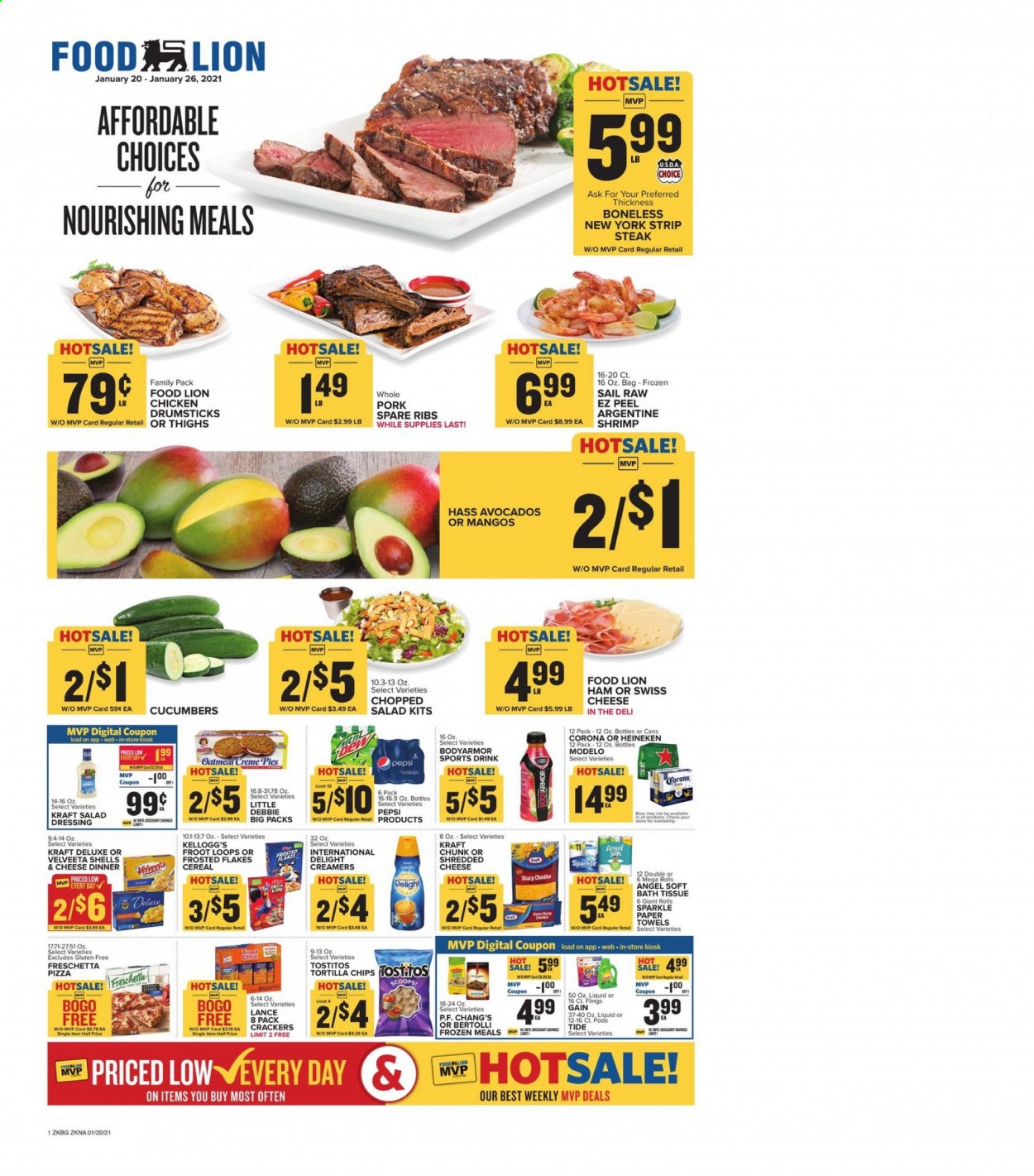 thumbnail - Food Lion Flyer - 01/20/2021 - 01/26/2021 - Sales products - shrimps, pizza, Kraft®, Bertolli, ham, shredded cheese, swiss cheese, cheddar, mango, crackers, Kellogg's, tortilla chips, Tostitos, oatmeal, cucumber, cereals, Frosted Flakes, salad dressing, dressing, Pepsi, beer, Corona Extra, Heineken, Modelo, chicken drumsticks, beef meat, steak, striploin steak, pork meat, pork spare ribs, bath tissue, kitchen towels, paper towels, Gain, Tide, Sharp. Page 1.